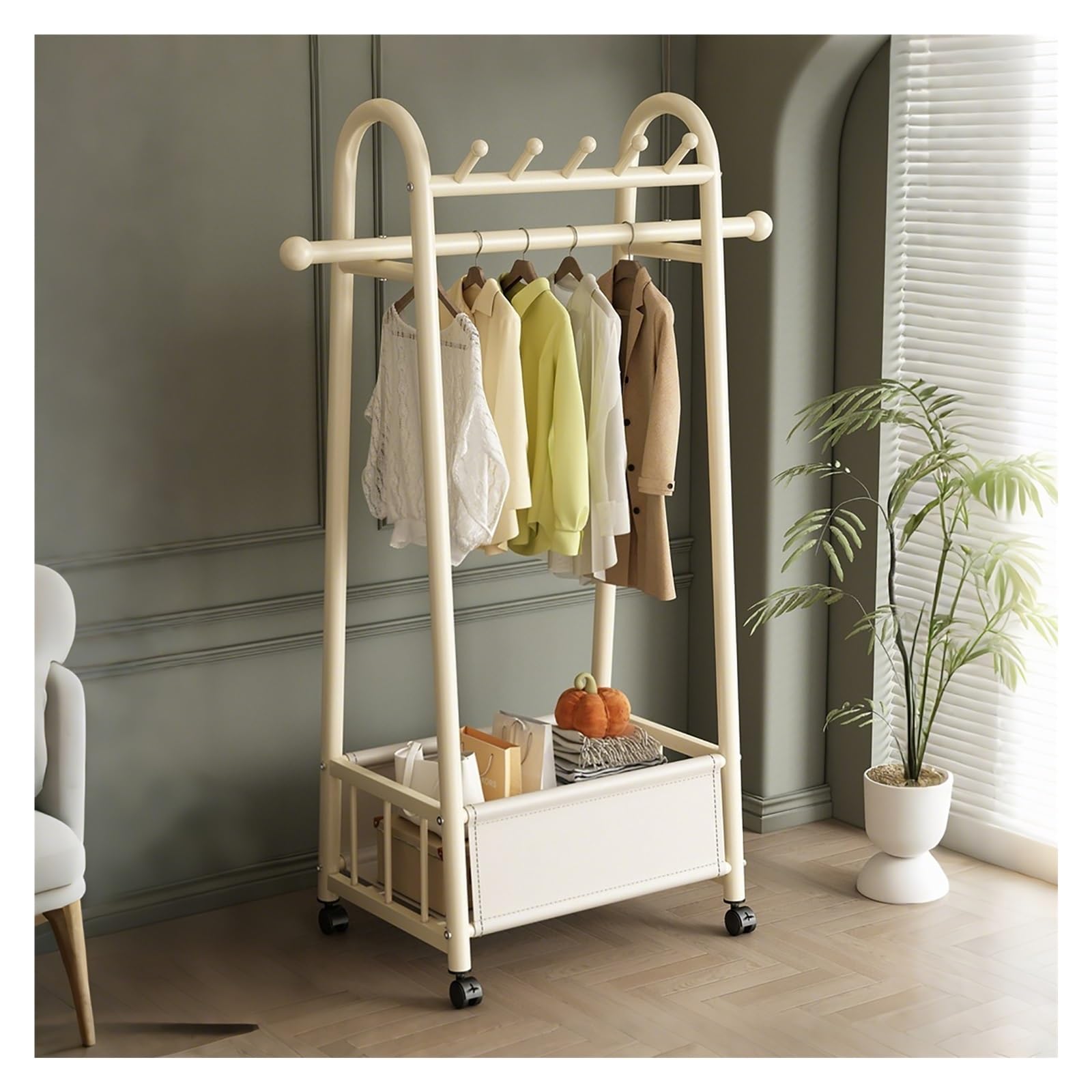 Aycdl One Color Rolling Coat Rack With Wheels Metal Clothing Stand With Storage Basket White Wardrobe Nizer For Bedroom & Laundry Room,-60Cm/23.6In