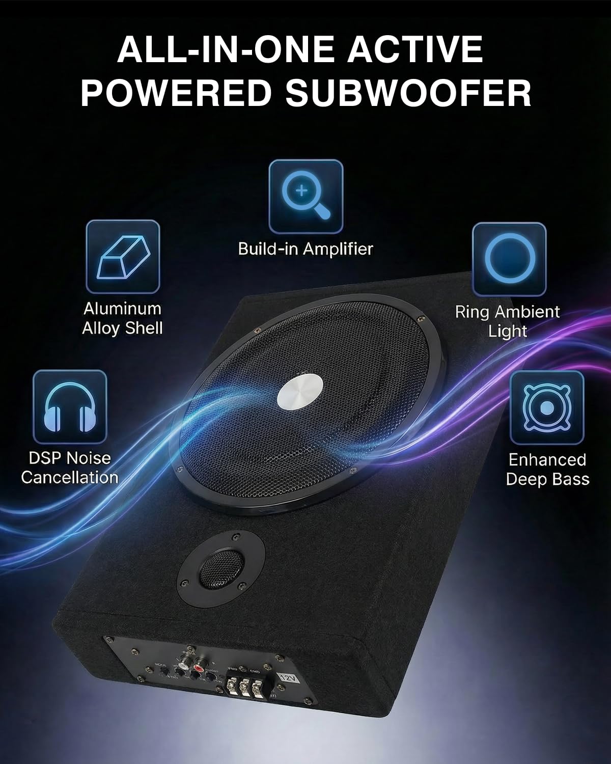 Subwoofer Attivo per Auto, Potenza Massima 1500W, Subwoofer Compatto da Installare Sotto il Sedile, Amplificatore Integrato, Subwoofer Chiuso, Nero, Compatibile con Diversi Modelli di Auto