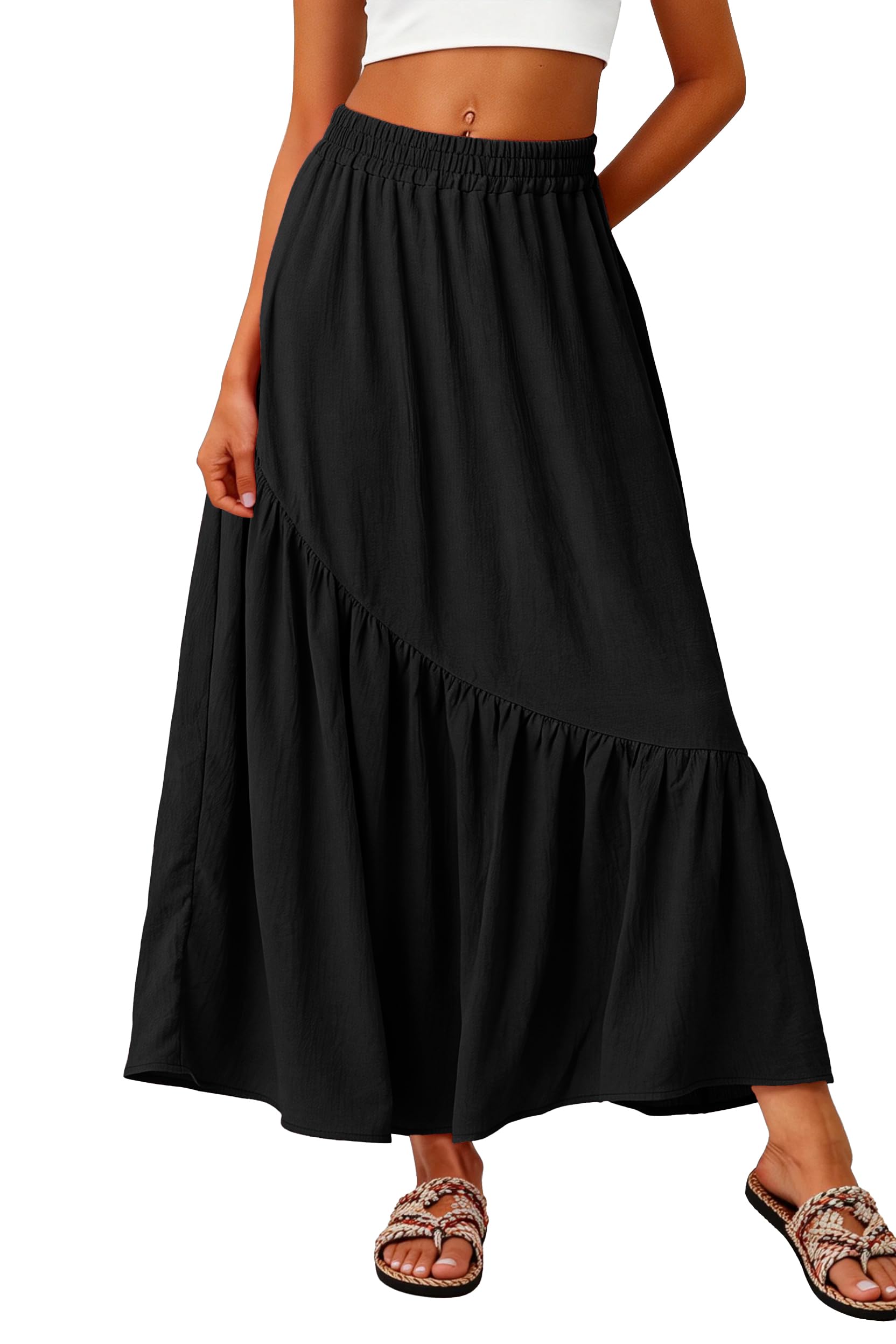 GRECERELLE Damska spódnica maxi, długie letnie spódnice dla kobiet, elastyczna talia, boho, zwiewna spódnica o linii A, z kieszeniami i falbankami, na wakacje i na co dzień