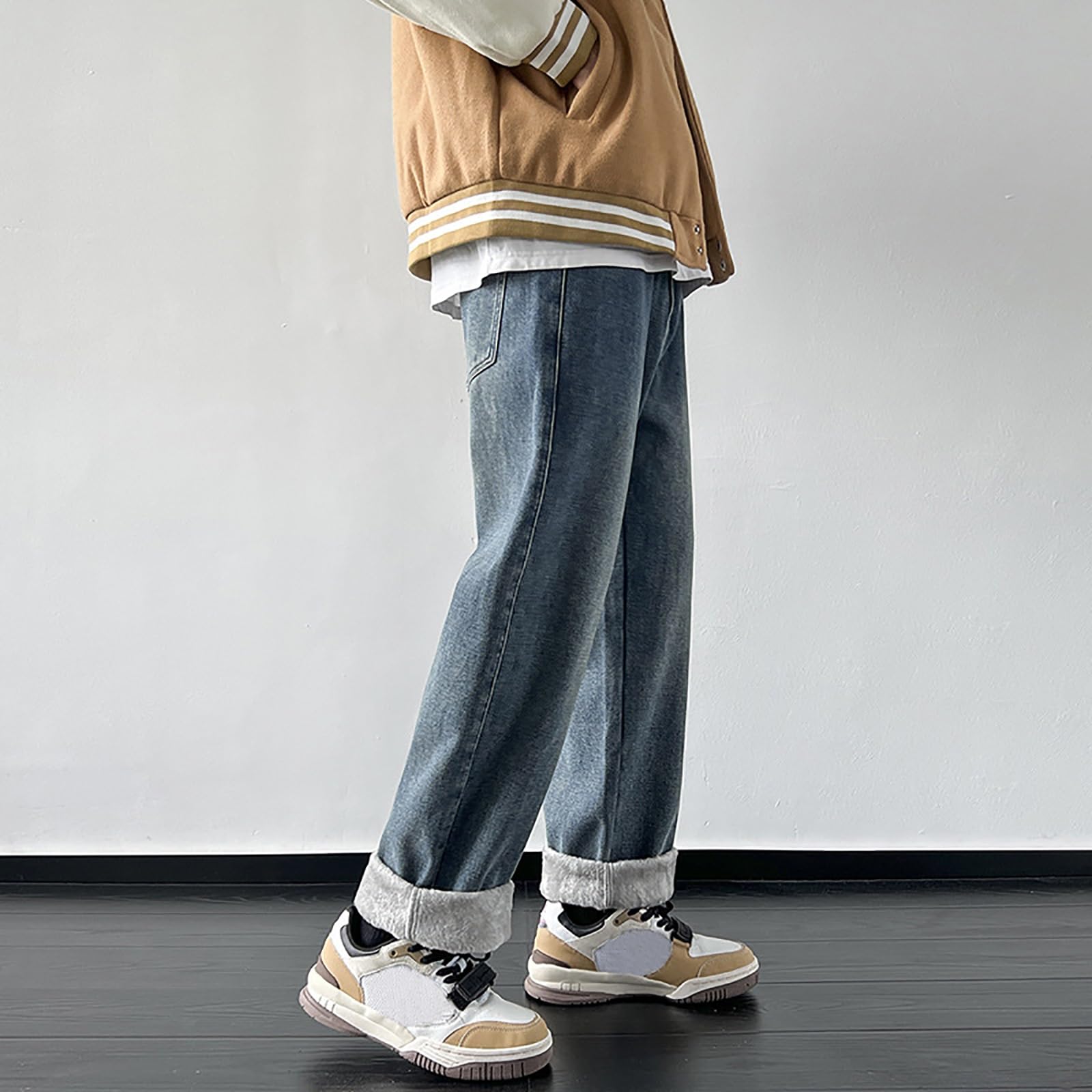 Męskie Spodnie Termoaktywne z Grubego Polaru Spodnie Zimowe z Podszewką Elastyczny Pas Męski Dżinsy z Prostymi Nogawkami Luźne Spodnie Dżinsowe Hip Hop z Szerokimi Nogawkami