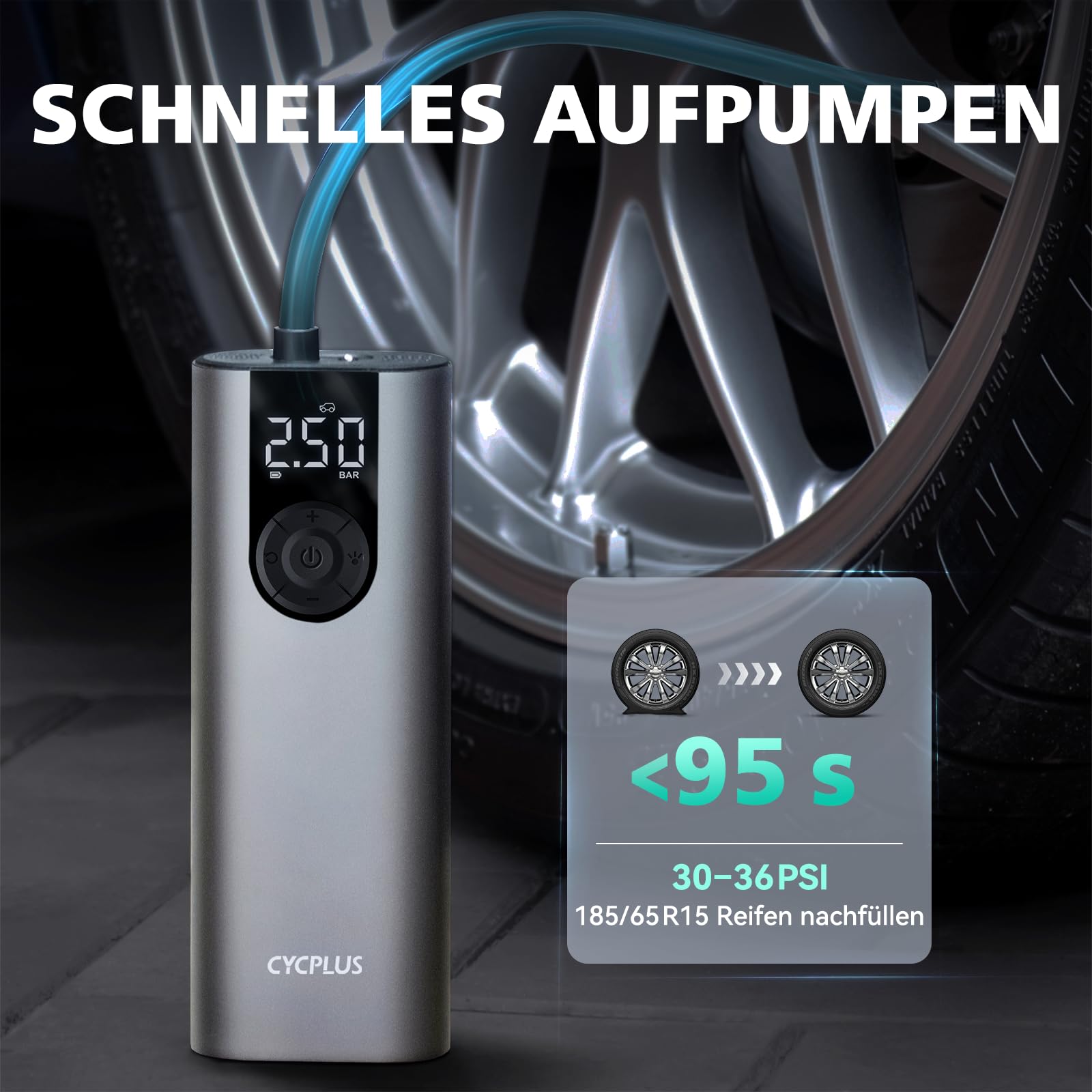 CYCPLUS Luftpumpe Max 150PSI Elektrischer Kompressor Tragbar Fahrradpumpe Mini ReifenpumpeUSB-C-Anschluss Wiederaufladbarer Li-ionen für alle Fahrräder