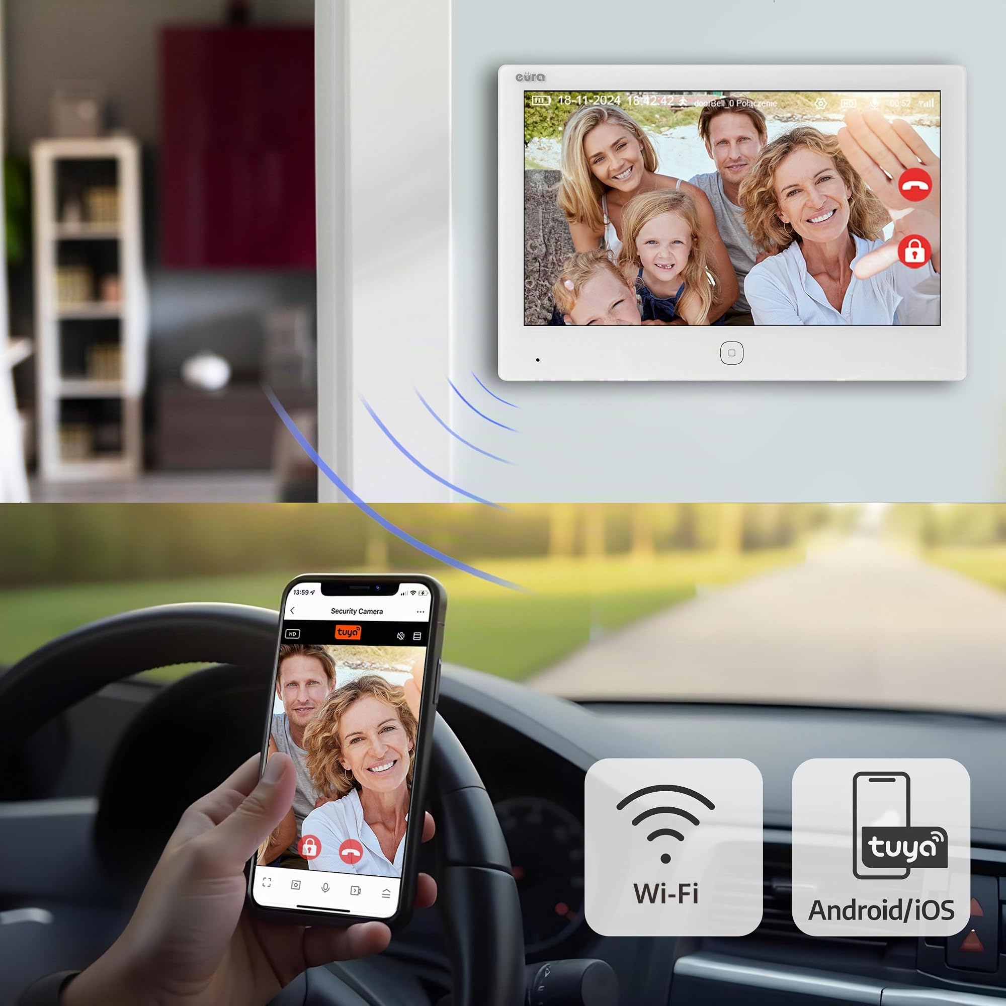 EURA VDP-45A3-2TY VDP-49A3-2TY TUYA Videocitofono WiFi, AHD, RFID, monitor a colori da 7 pollici, doppio filo, bianco