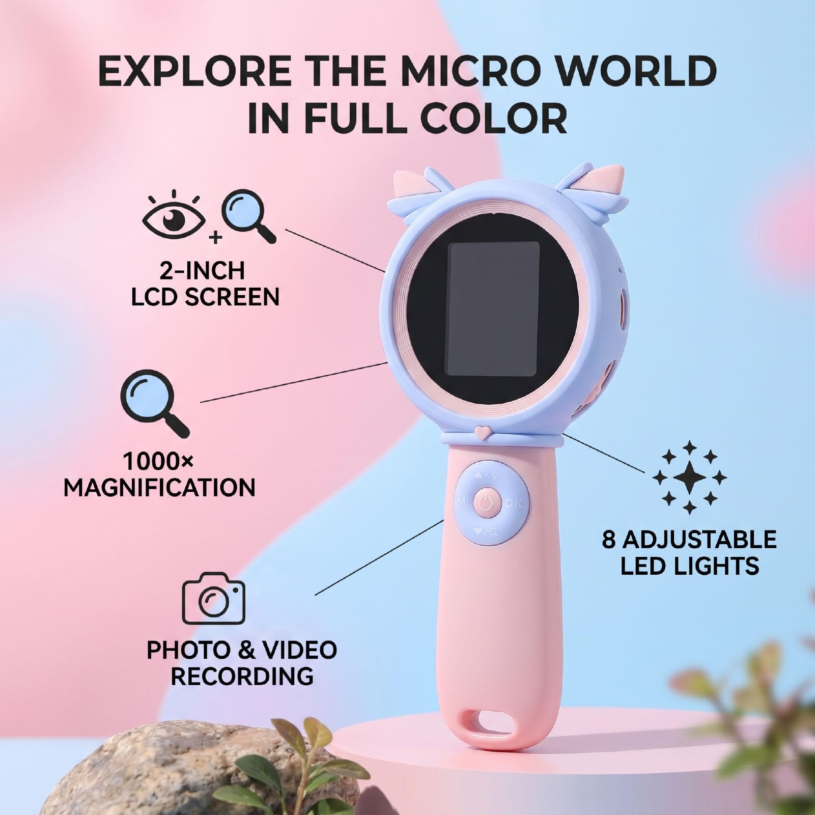 Cocoarm Digitales Kindermikroskop, ABS-Handmikroskop mit 2-Zoll-Bildschirm, 1000-facher Vergrößerung, 8 LED-Leuchten, Foto-Videoaufzeichnung für Im Freien, Lernen und Heimstudium (PINK)