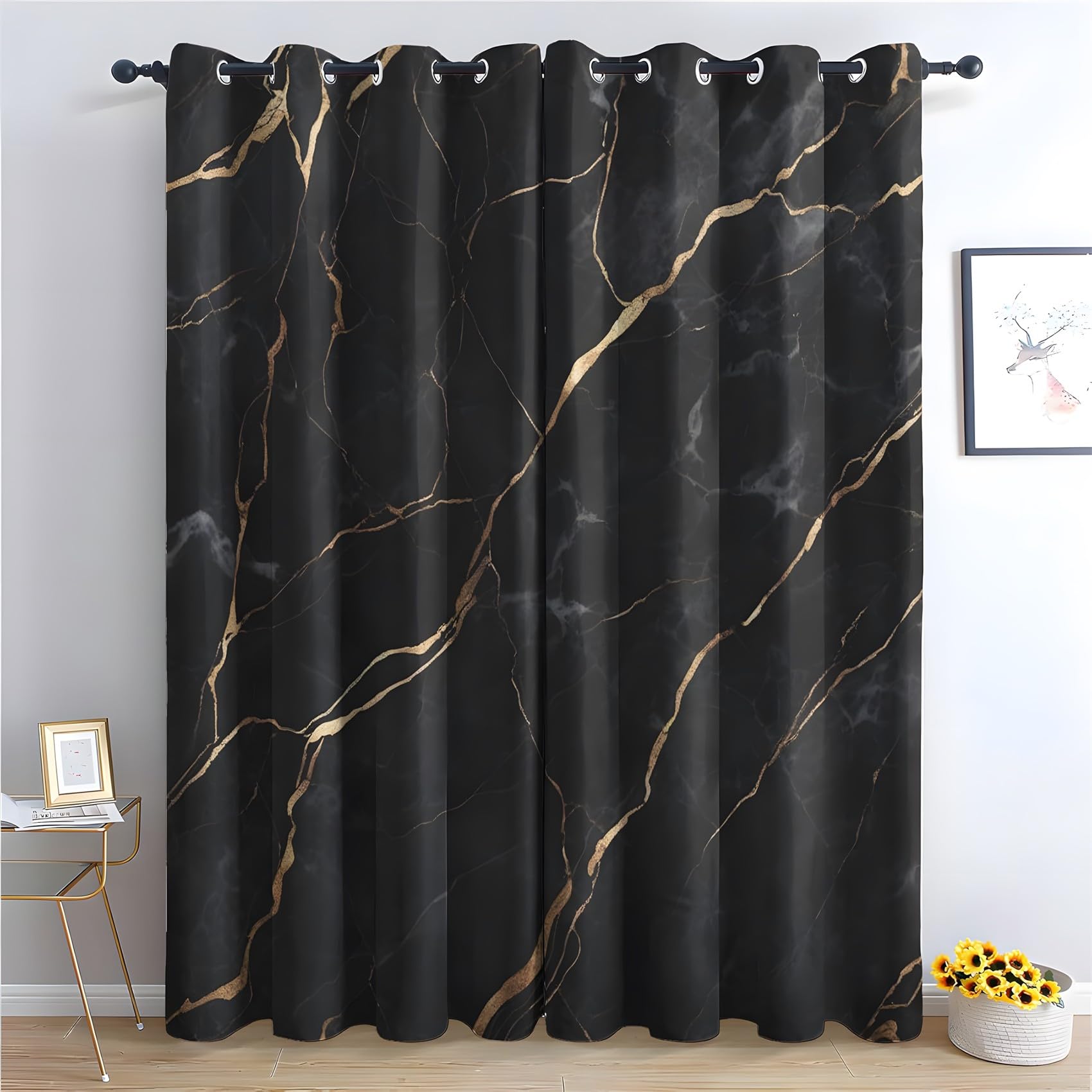 KaiHeBeding Black & Gold Marble Texture Blackout Curtains for Bedroom - Modern Textures Living Room Curtains 90x108 Eyelet - Soft Thermal Insulated Patterned Drapes for Windows - 2 Panels
