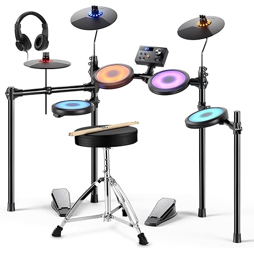 Donner DED-70L Electronic Drum Set with LED Light Up Quiet Mesh Drum Pads & 9" Cymbals, 150 Sounds, 15 Drum Kits, USB MIDI, Type-C Charging, 2 Pedal, Throne, Headphones, Sticks, Melodics Lessons