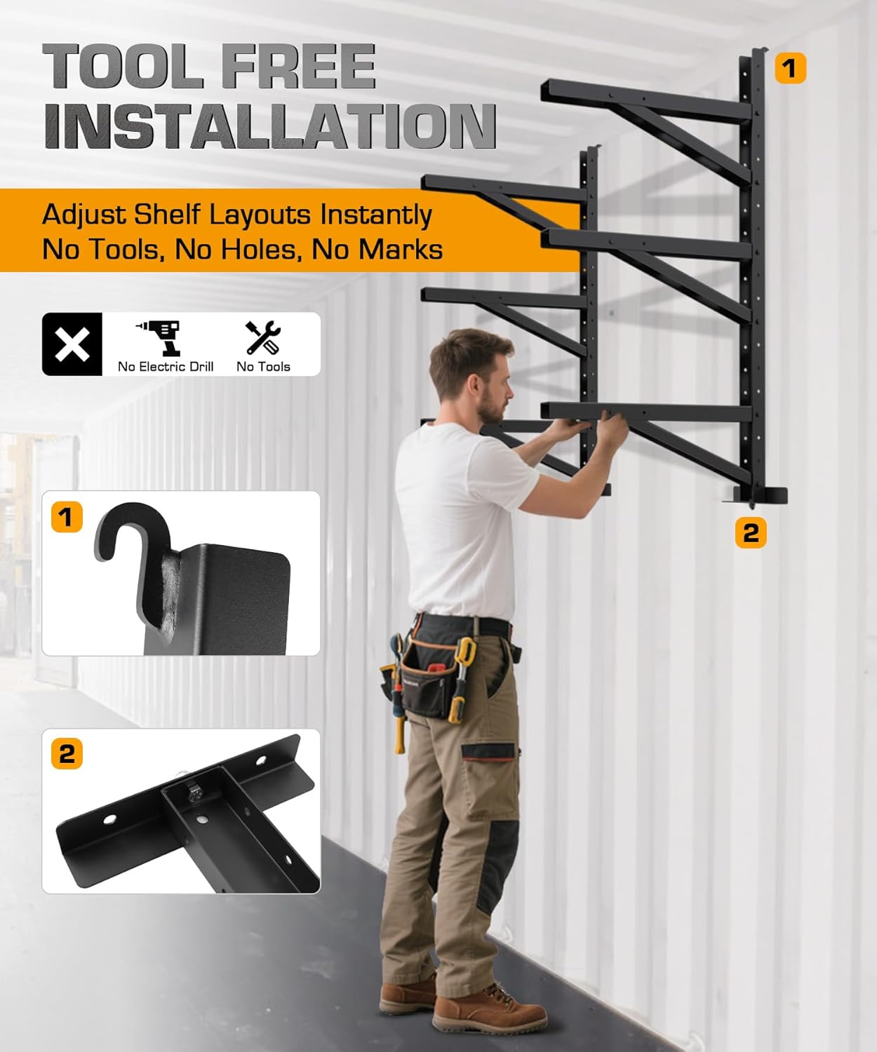 Shipping Container Shelving Rack Container Hanging Shelf Brackets Adjustable Rack Fit for 12in 24 in Lumber Efficient Storage Space No-drill Installation Vertical Storage