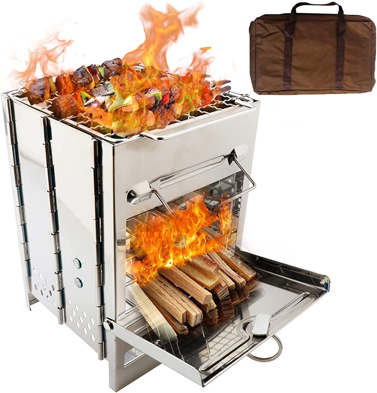 Griglia da Campeggio Portatile Pieghevole in Legno a Carbone Fornello per Barbecue con Borsetta per Picnic, Escursionismo, Cucina in Giardino