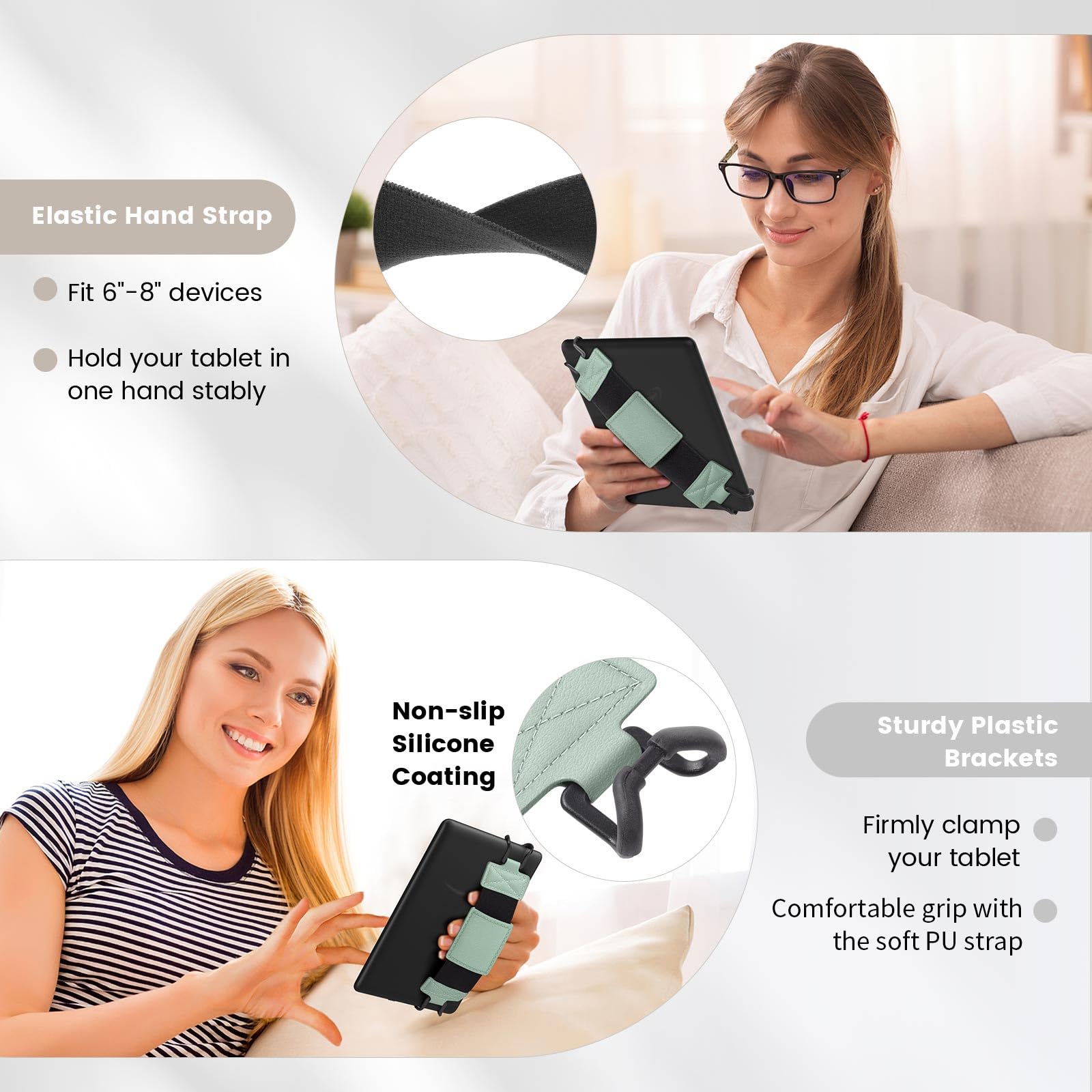 MoKo Dragonne Souple pour 6-8" eReaders Fire Tablet -Kobo/Voyaga/Sony Kindle E-Book, Sangle de Sécurité Tablette Polyvalente à Haute Élasticité Légère Support Antidérapante, Menthe Verte