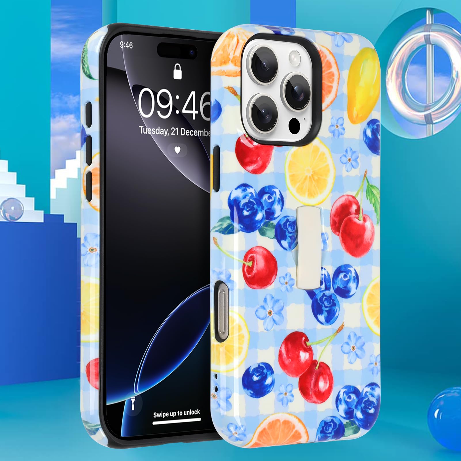 Custodia compatibile con iPhone 16 Pro, grazioso design lucido a scacchi, con cinturino da polso regolabile integrato, supporto per la mano con cavalletto, cover rigida antiurto (blu)