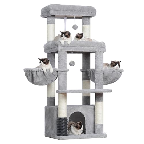 Hey-brother Kratzbaum, Katzenbaum für Großkatze und Maine-Coon-Katzen, mehrstöckiger Stabil Katzenkratzbaum Mit 2 Grosse Plattformen, 2 Katzenkorb, große Katzenhöhle, Kämmmaschine, Hellgrau EMPJ070W