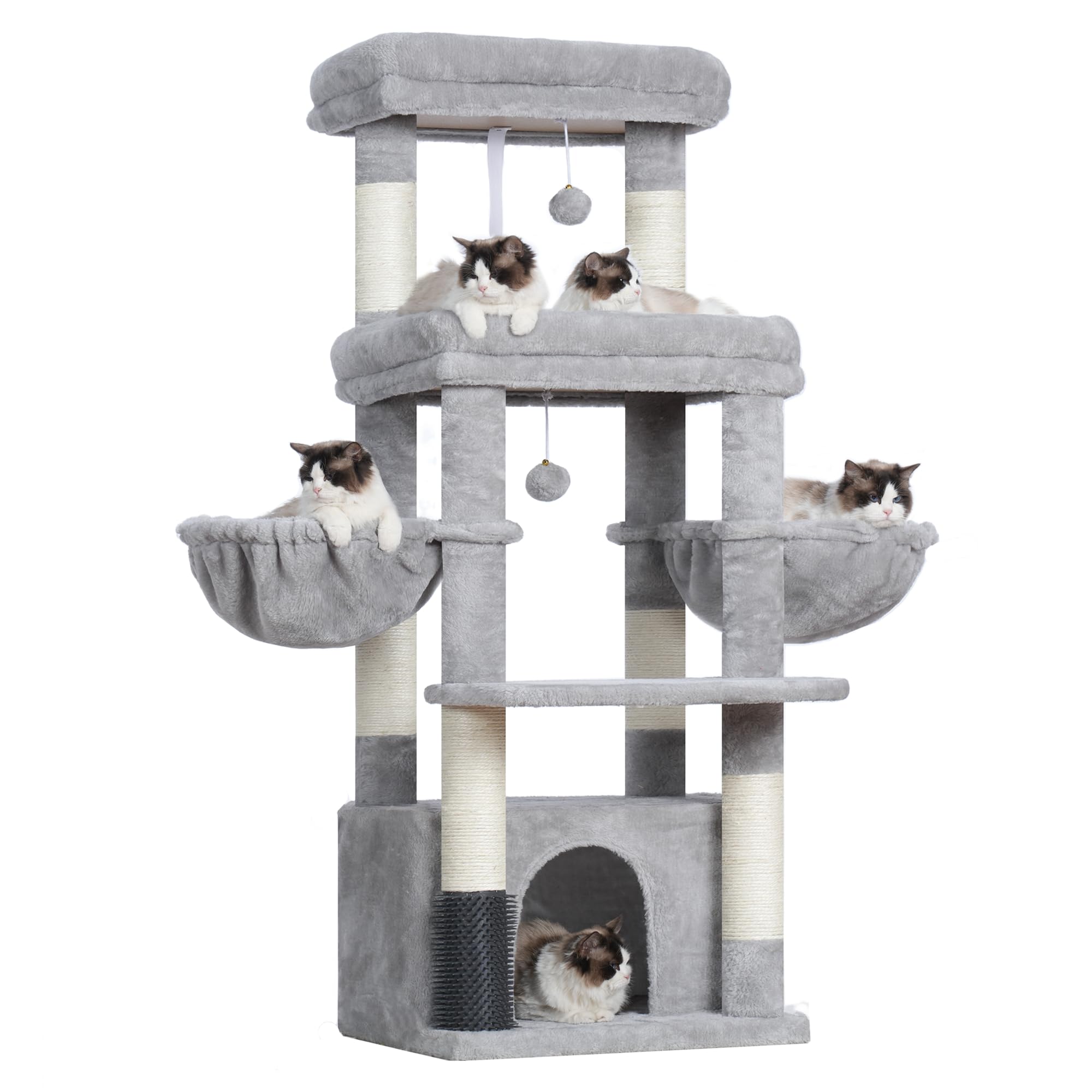 Hey-brother Kratzbaum, Katzenbaum für Großkatze und Maine-Coon-Katzen, mehrstöckiger Stabil Katzenkratzbaum Mit 2 Grosse Plattformen, 2 Katzenkorb, große Katzenhöhle, Kämmmaschine, Hellgrau EMPJ070W