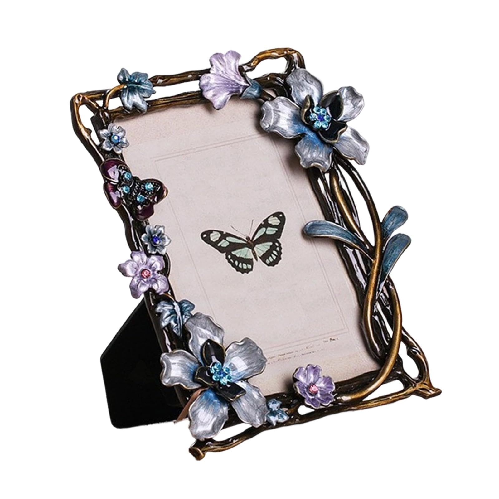 HZBB Ornate Metal Photo Frame with Delicate Enameled Floral Bird Motifs and Rhinestones Embellishment for Horizontal & Vertical Antique Photo Frame
