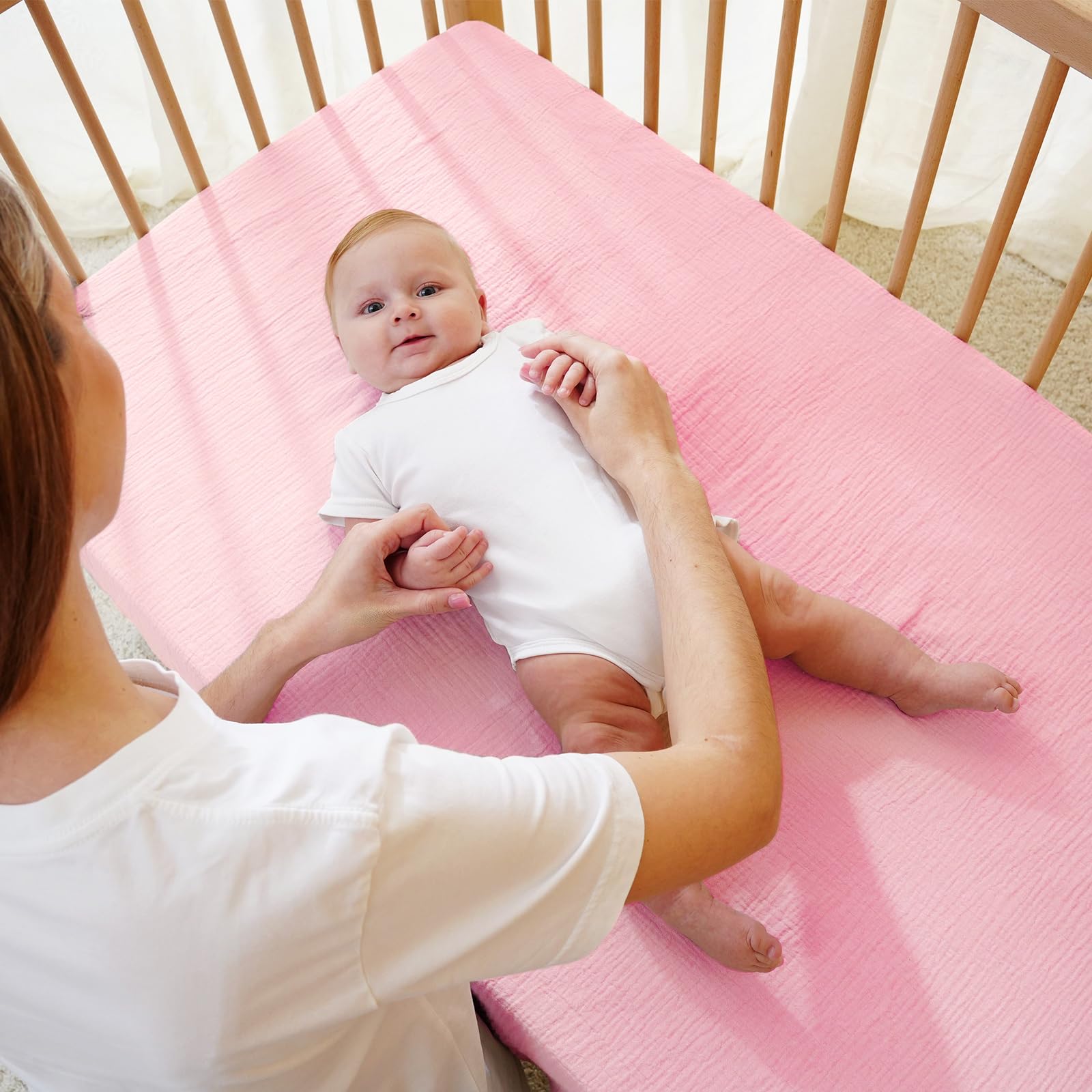 Drap-Housse pour lit bébé 60 x 120 cm, en 100% Mousseline de Coton, avec élastique sur Le pourtour, Doux et Respirant, pour lit d'enfant, lit à barreaux, lit d'appoint (Rose Princesse, 60 x 120 cm) - 3