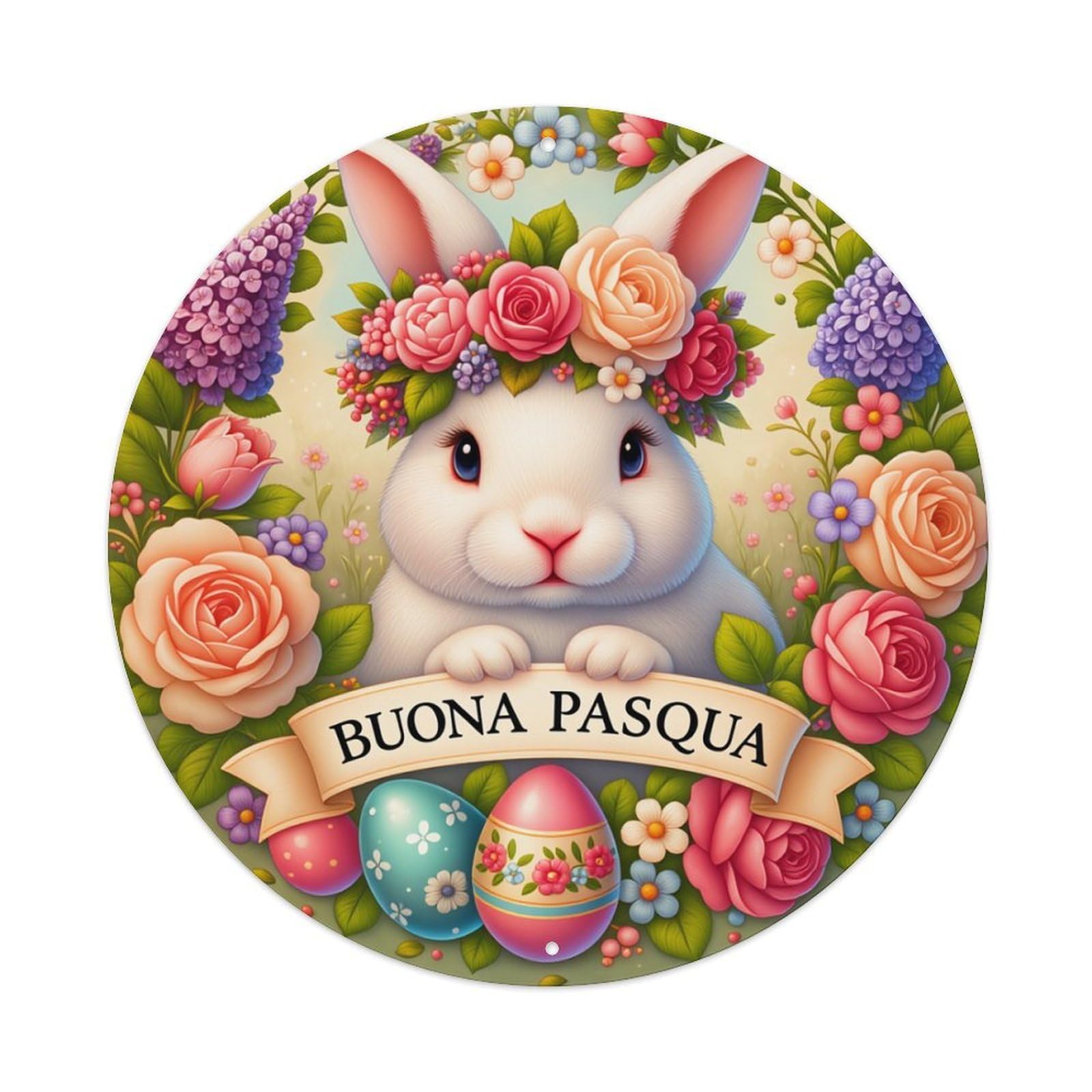 Easter Bunny Flowers Eggs Ribbon Round Tin Sign Retro Metal Sign for Cafe Bar Pub Home Game Room Gym Club Wall Decoration Vintage Metal Poster 8x8 Inch
