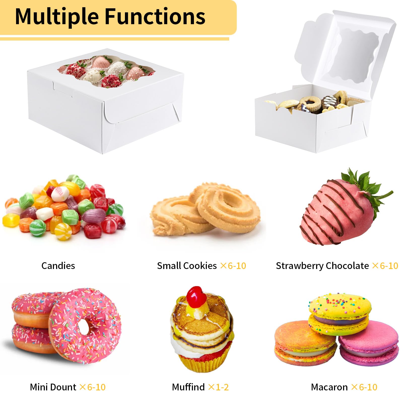 WINKIO 12 Pieces Cookie Boxes with Window, 6×6×3 Inches Treat Boxes for Bakery Dessert Pastry Mini Cake Favor Donut Baked Goods (White, with Stickers)