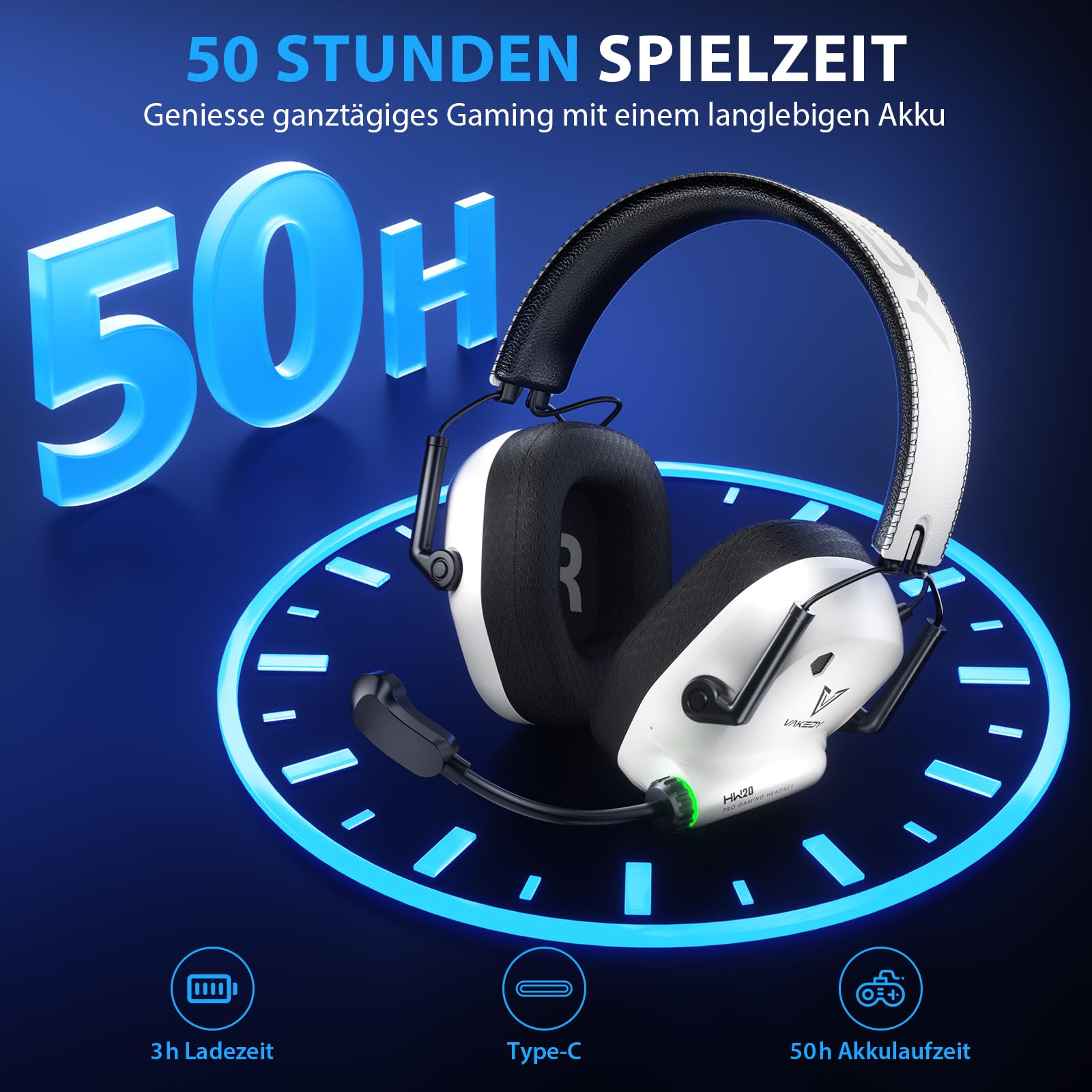 Vakedy Gaming Headset Wireless, 2,4 GHz USB & Bluetooth Gaming Kopfhörer mit Mikrofon, 50 mm Treiber, geringe Latenz, 50 Std Akku, Kopfhörer Kabellos für PS5, PS4, PC, Mac, Switch (Weiß/Schwarz)