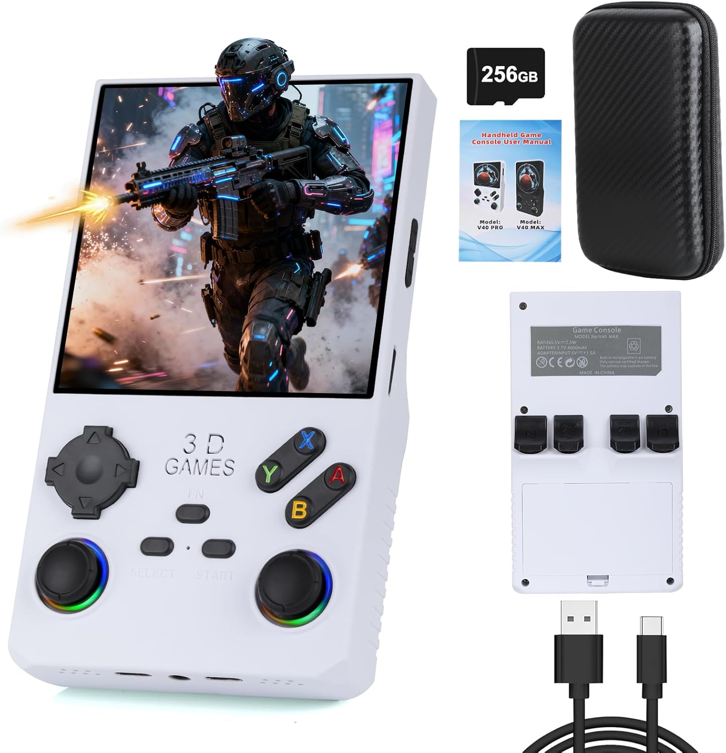 2025 New V40 Max Retro Handheld Game Console, 40000 Preloaded Games, 256GB Expandable Storage, 4 Inch IPS HD Screen, Portable Gaming Device with Long Battery Life (White)