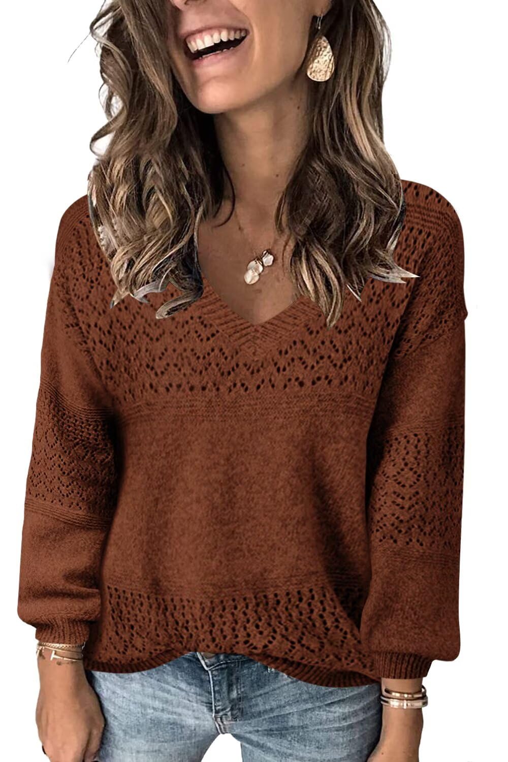 JOCAFIYE Womens Sweaters Tops Fall V Neck Long Sleeve Sweater Casual Hollow Out Pullover Sweaters for Women Red Brown XXL