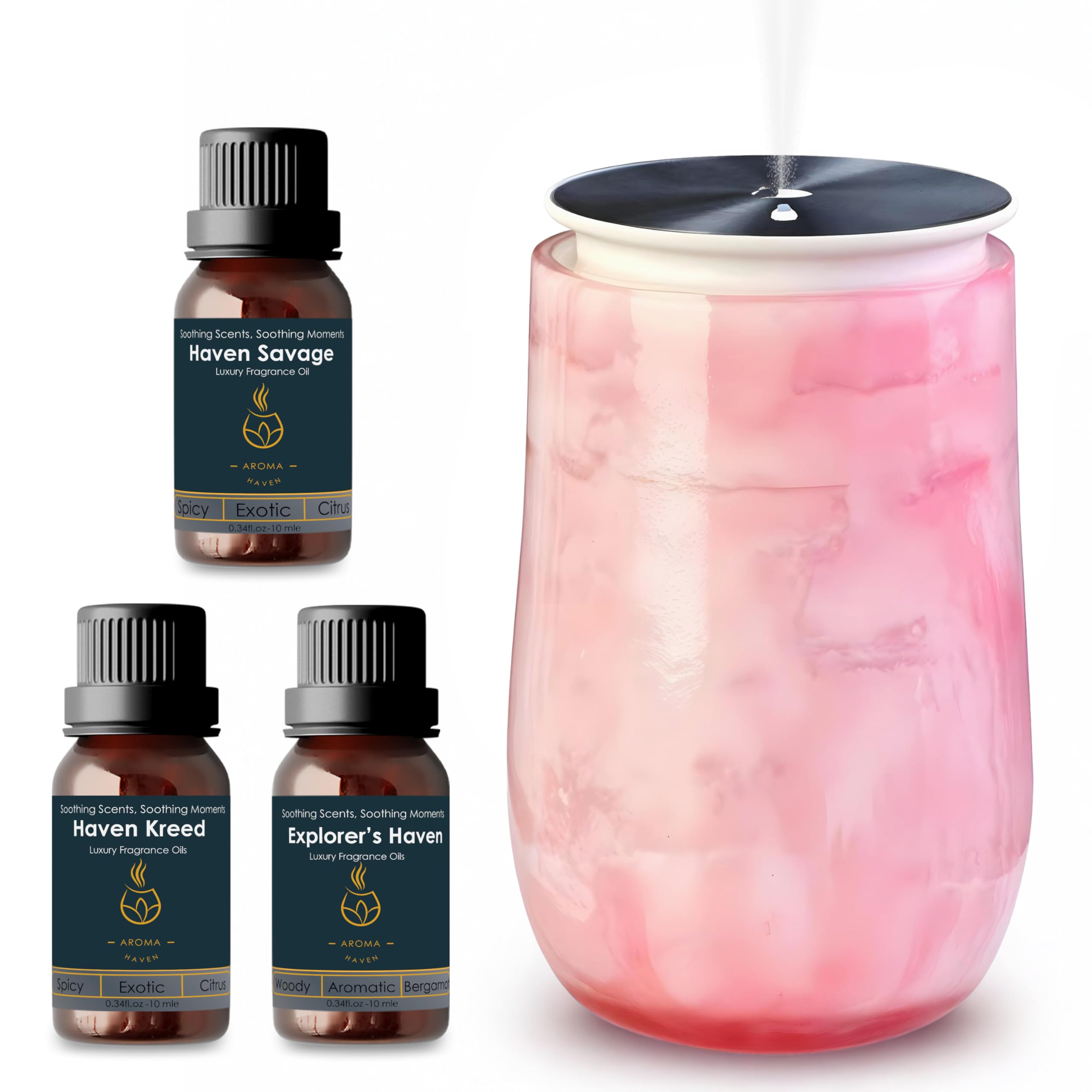 Aroma Haven Pink S5 Marble Aromatherapy Diffuser | Cordless Waterless Essential Oil Nebulizer | Portable Rechargeable Scent Diffuser For Home & Bedroom | 3 Aroma Modes (Diffuser & Oils For Him)