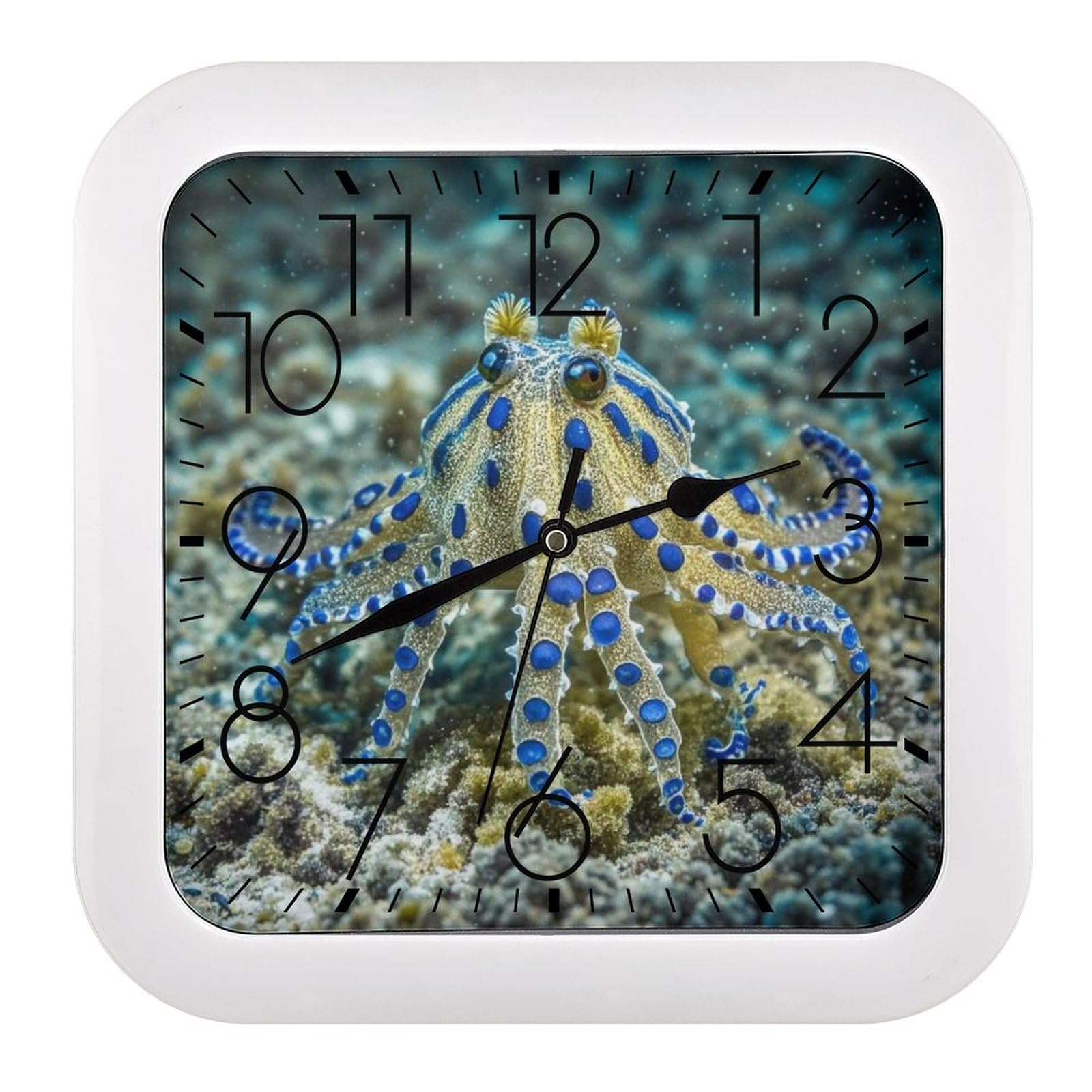 FekiLoot Blue Ringed Octopus Wall Clock Battery Operated Square Decorative Wall Clocks Silent Non Ticking Analog Clock Modern Retro Vintage Wall Clocks for Kitchen Living Room Office 10.2 Inch