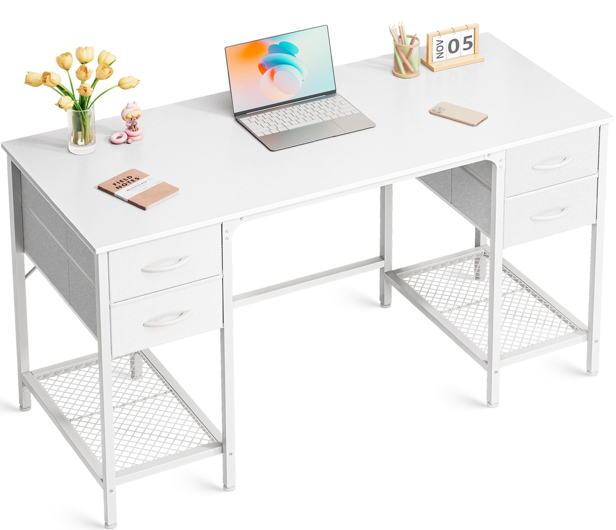 Huuger 47 Inch White Desk with 4 Drawers, Vanity Desk with Mesh Shelf, Study Table with Large Storage, Computer Desk for Home Office, Bedroom, Work from HomeThe Forest Stewardship Council