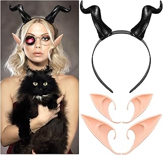 3 Pcs Antelope Sheep Horn Headband with Elf Ears Black Gothic Halloween Ox Horn Hoop Headband Devil Horn Headdress Cosplay Fairy Pixie Elf Ears for Halloween Fancy Dress Cosplay