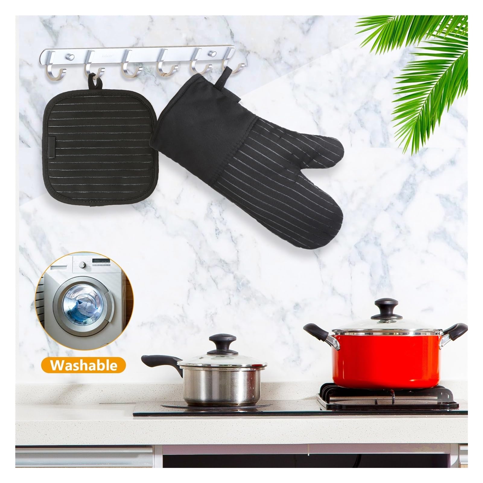 Ofenhandschuh-Set, 1 Paar Handschuhe und 2 Topflappen, Baumwolle Silikon | Hitzebeständige, rutschfeste Handschuhe und Topflappen für Küche, BBQ, Backen