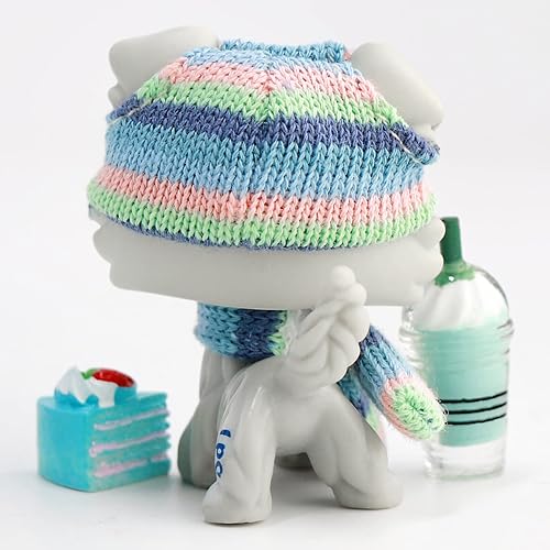 Vista 2 de Coleccionable LPS Pet, LPS Figura Perro LPS Collie 363 Cuerpo Gris Ojos Azules th LPS Accesorios Sombrero Scraf Bebida