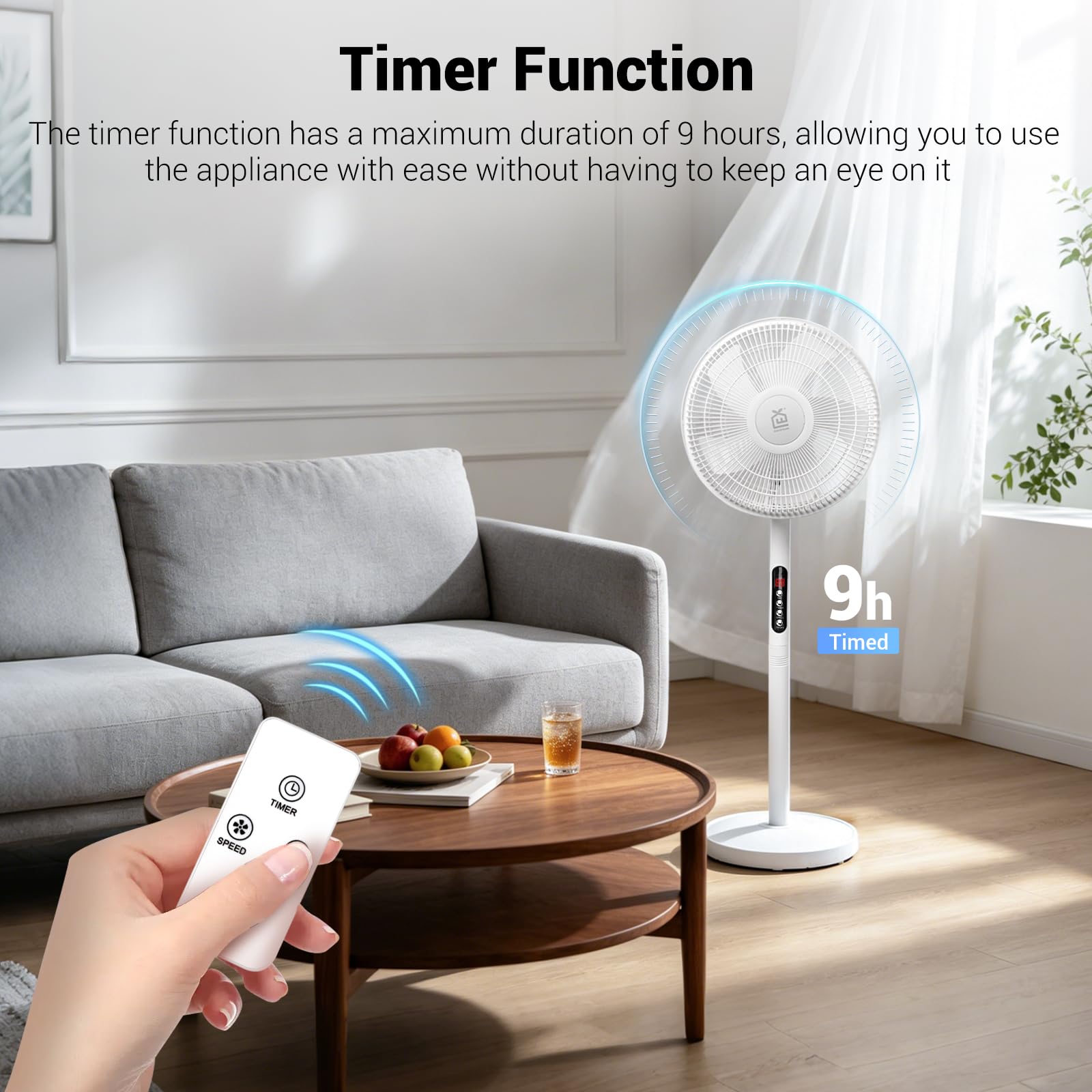 EXTRASTAR 12 Zoll Standventilator mit Fernbedienung – 6 Windstufen, 9h Timer, 70° automatische Schwenkung & 10° manuelle Neigung, 50W Bodenventilator für Wohnzimmer, Schlafzimmer & Homeoffice