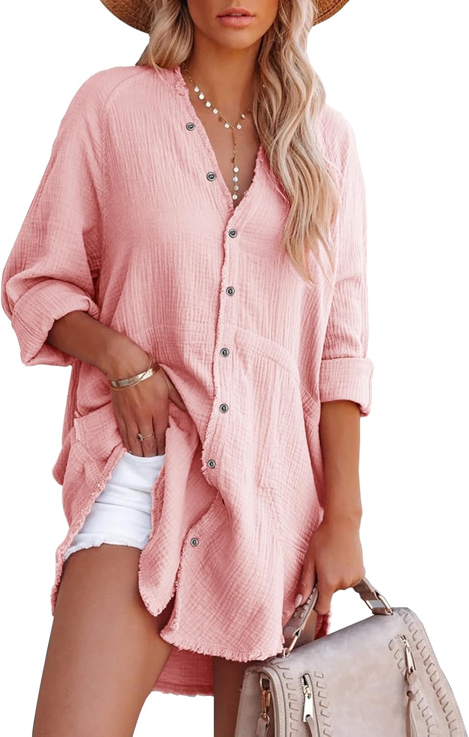 siliteelon Women's Button Down Shirt Dresses with Pockets Cotton Button Up Tunics Long Sleeve