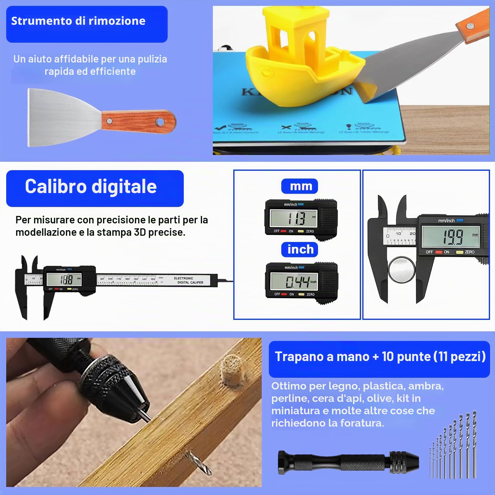 Kit di strumenti e accessori per stampante 3D, 135 pezzi, set di strumenti per stampa 3D con cassetta degli attrezzi, accessorio per stampante 3D, incluso kit di pulizia degli ugelli, lucidatrice