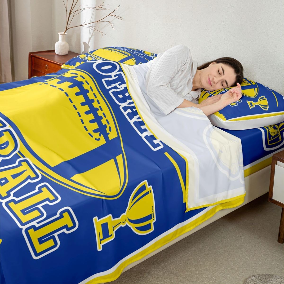 Erosebridal Football Bed Sheets Twin Size,Yellow Blue Football City Sheets for Sports Fans,Boys Girls Rugby Bedding Set,Ball Competition Flat Fitted Sheet,Soft Cozy(Yellow)