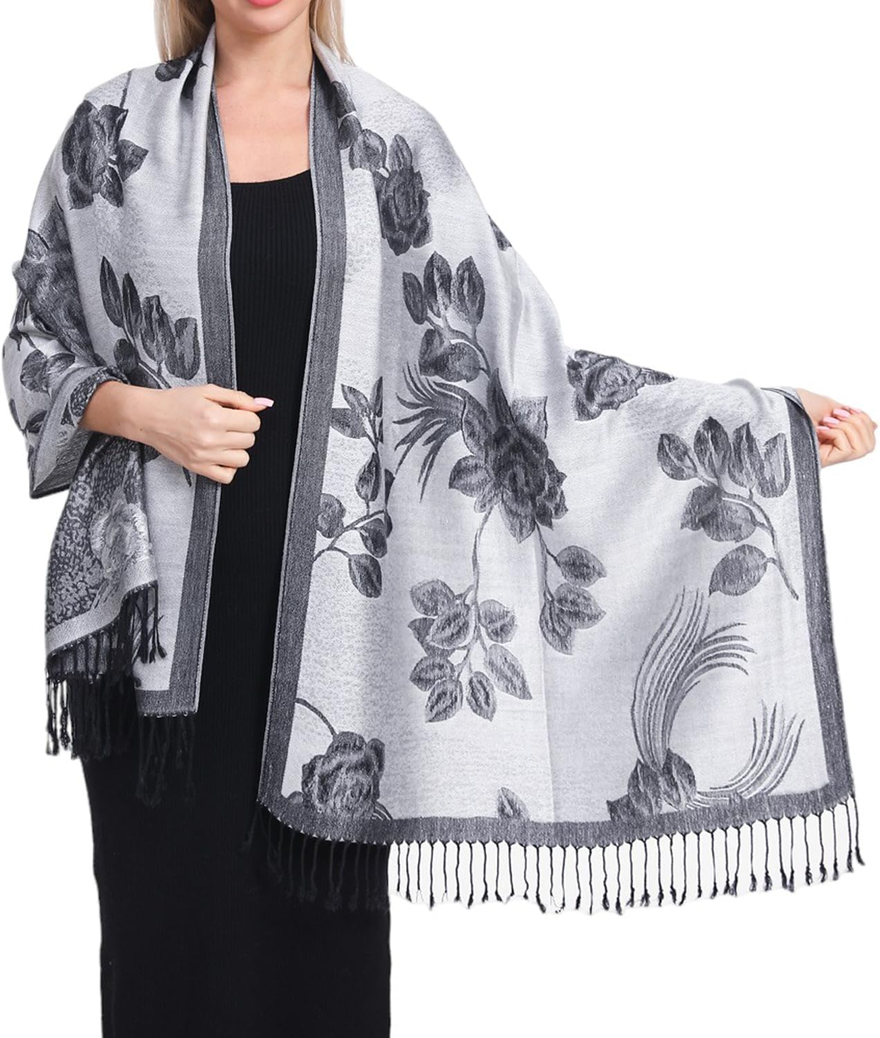 TZ Promise Women Soft Silky Pashmina Reversible Floral Rose Shawl Wrap Scarf w/Fringes