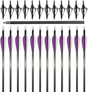 32" Adult Hunting/Targeting Practice Carbon Arrows 350 Spine with 3" Plastic Vanes Feathers & 100 Grain Broadhead 12pk