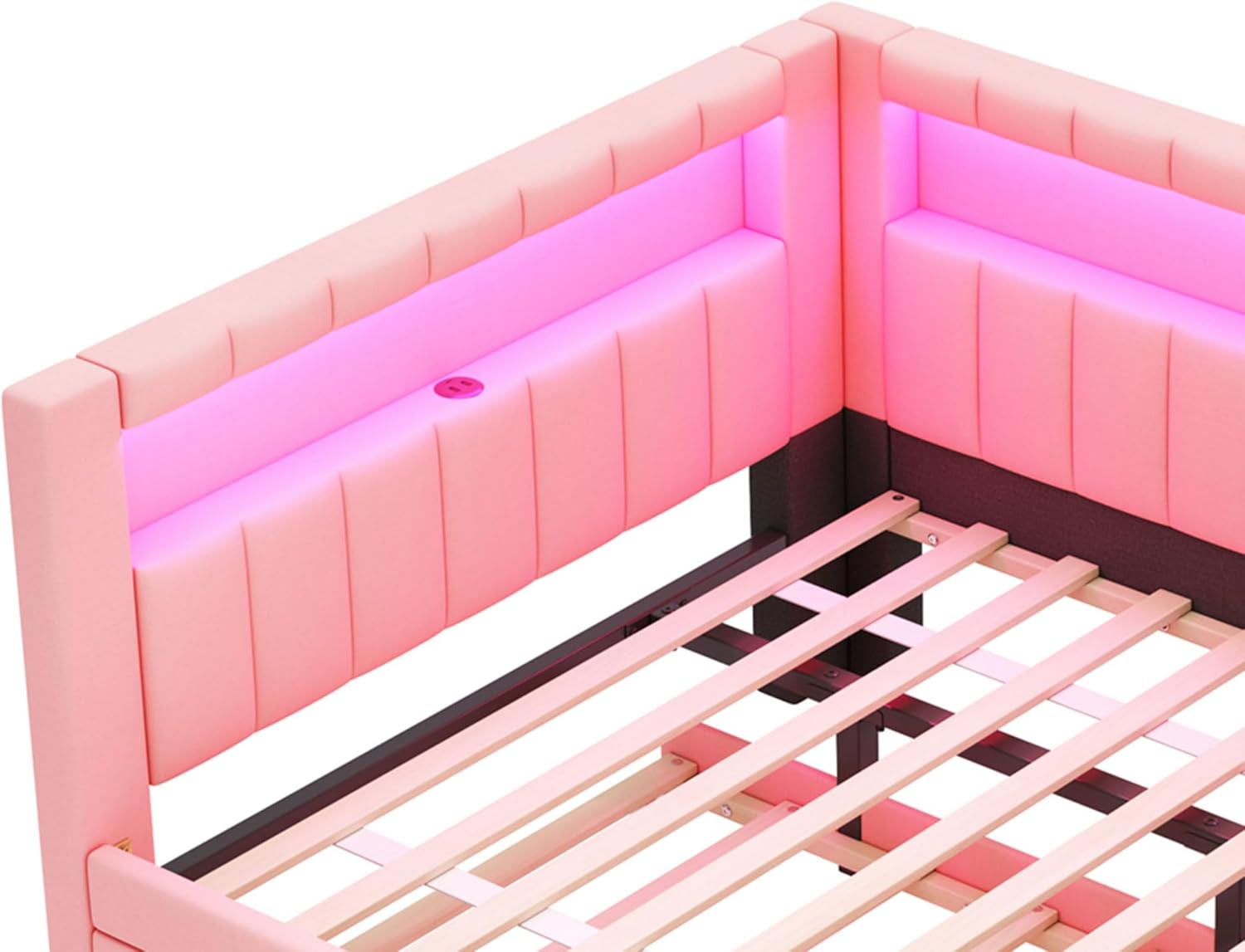 Merax Full Size Modern Upholstered Platform Bed with USB Ports & Trundle Bed, Floor Daybed with Wood Slat Support, Storage Bed Frame with Headboard/Full, Pink