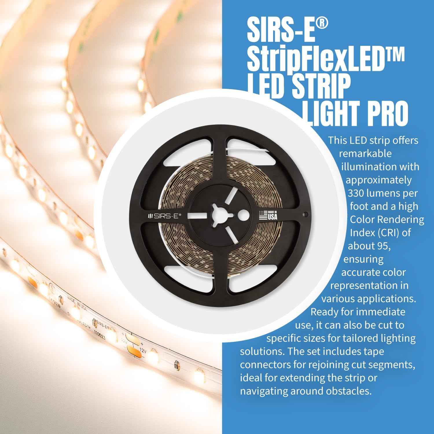SIRS-E StripFlexLED White LED Strip Lights, 12V 60 LEDs/m 4000K Bright White, 16.4 ft. (5m), UL Listed, Made in USA, Professional Grade Flexible Tape for Versatile Lighting