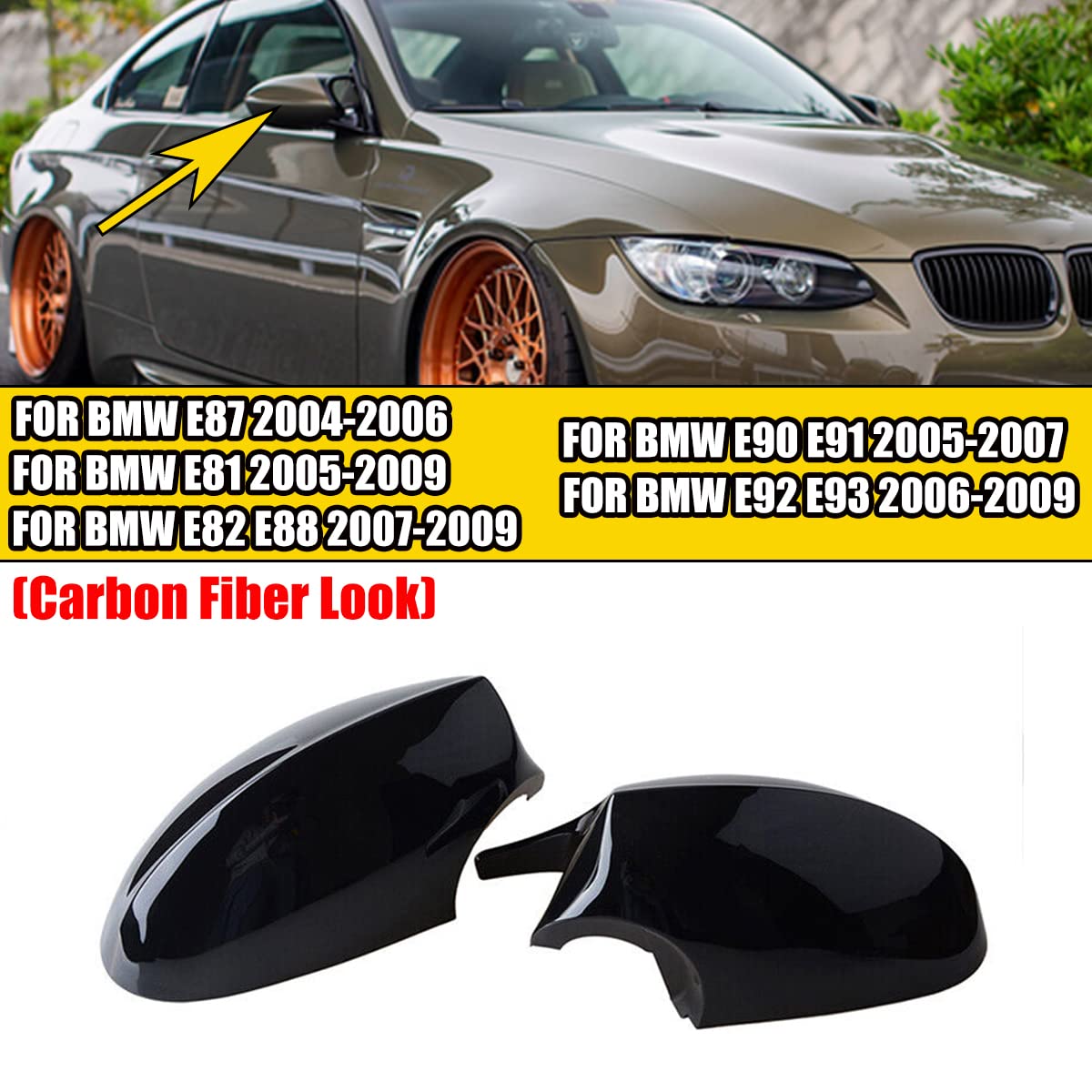 2 x Spiegelkappen für B-.M/.W E81 E82 E87 E88 E90 E91 E92 E93 1 Paar Auto Spiegelkappen Rückspiegelgehäuse Abdeckungen Seitenspiegel Tür Spiegelkappen (Helles Schwarz)