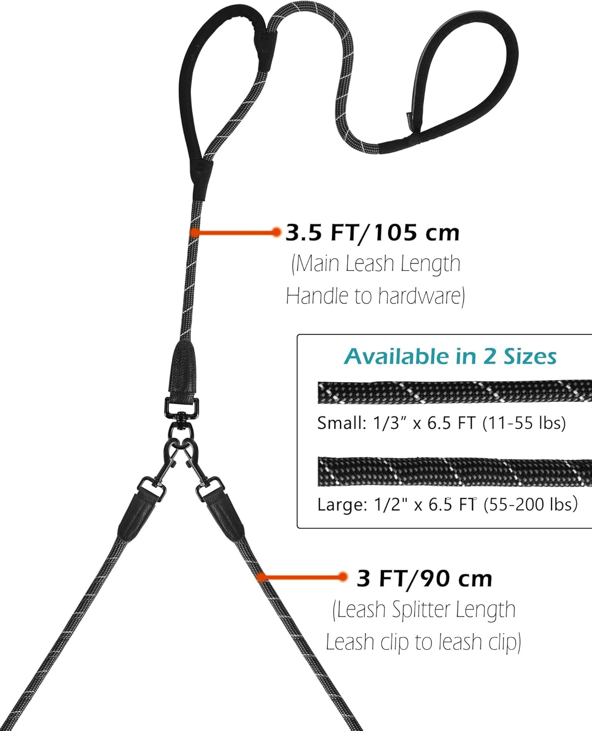 PetBonus Rope Double Dog Leash, No Tangle Dual Leash, Reflective Walking Training Lead with Two Comfortable Padded Handles, Lead Coupler for Medium Large Dogs (55-200 lbs, Black Grey)