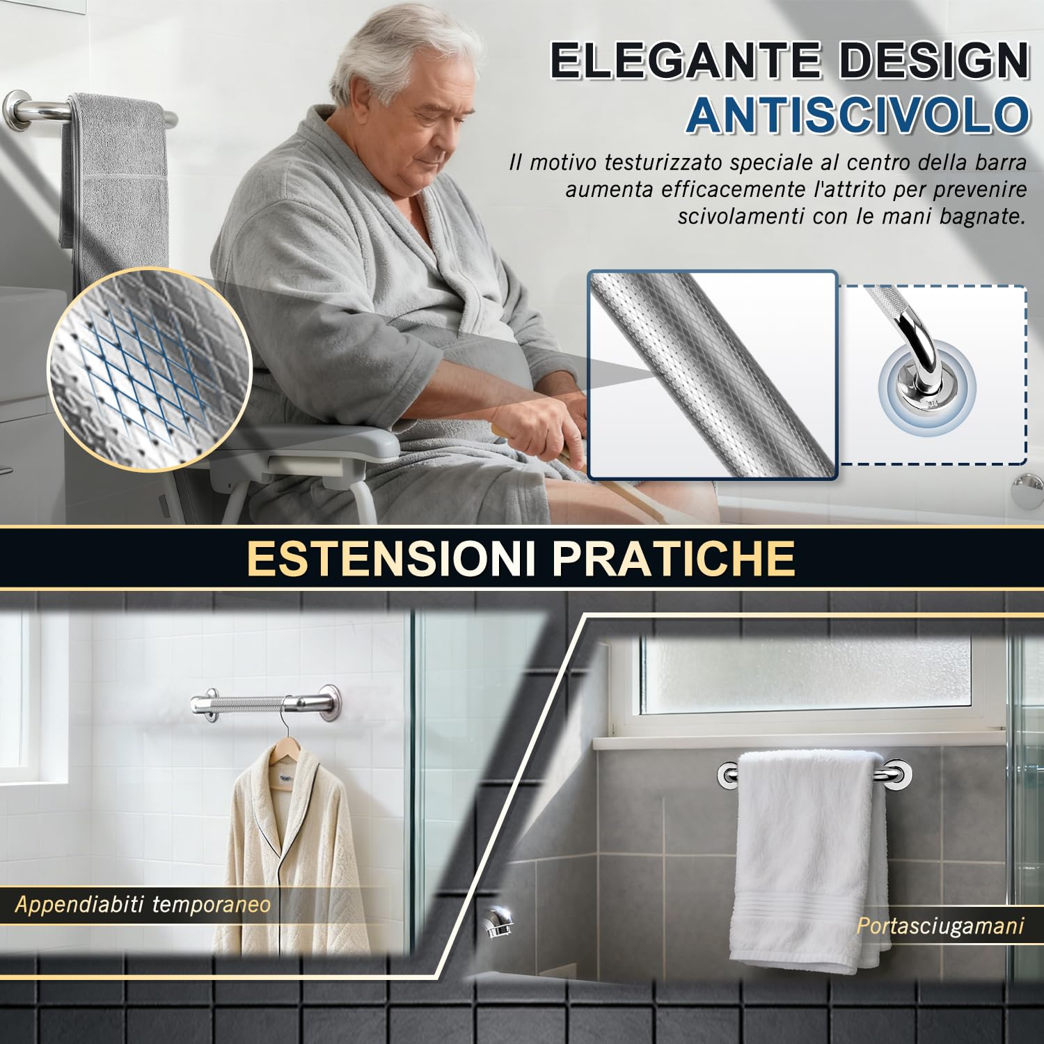 supregear Barra di Sostegno per Bagno, Antiscivolo in Acciaio Inox 304, Barra di Sicurezza e Supporto per Cucina, Camera da Letto, Vasca, Doccia, 30 cm