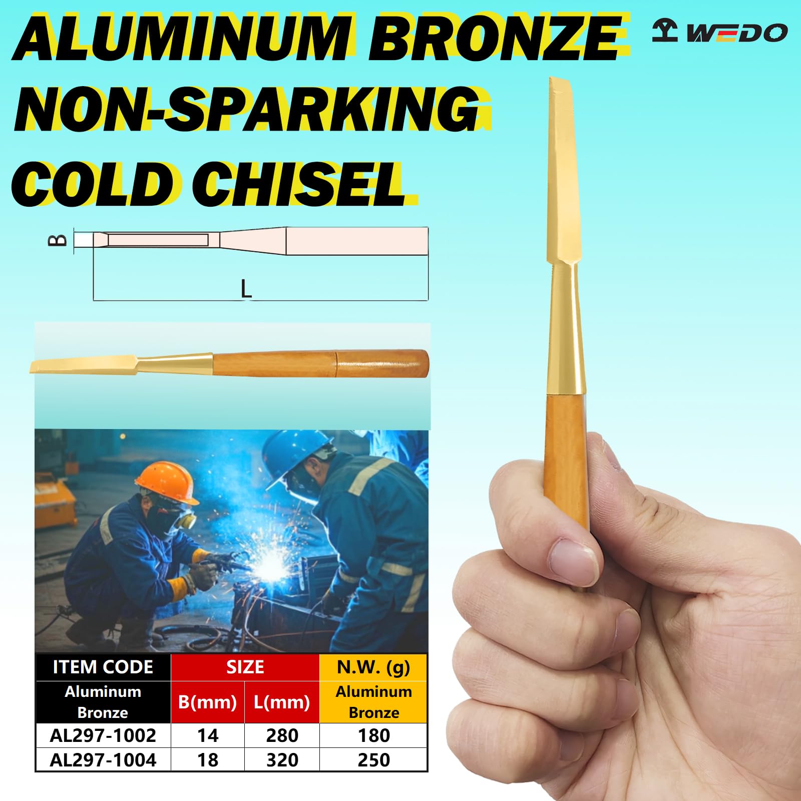 WEDO Ciseau à froid non étincelant de 27,9 cm, burin utilitaire en bois plat, lame de 1,6 cm de large, outil de sécurité sans étincelles, qualité industrielle, longueur 280 mm, aluminium bronze, norme