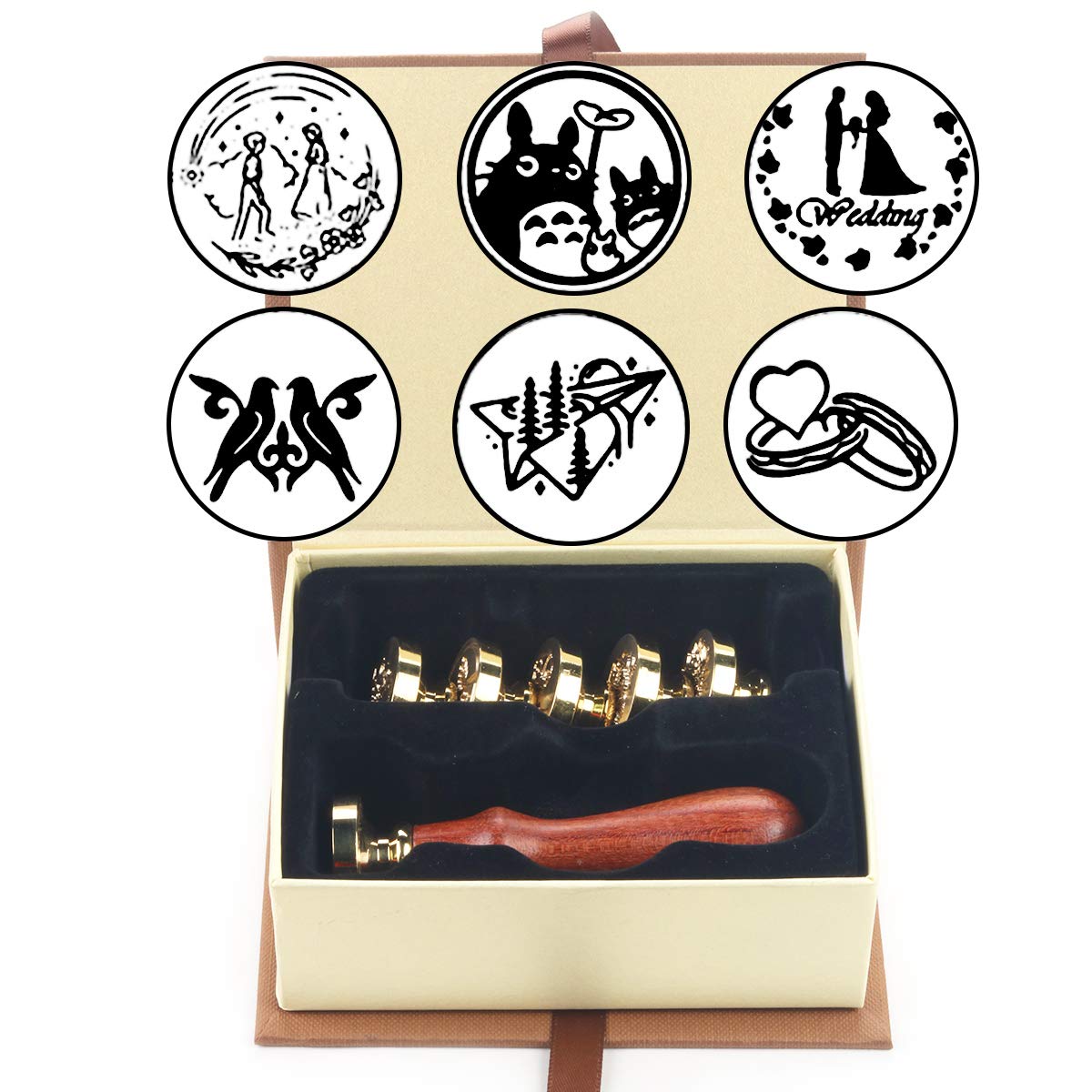 Wax Seal Stamp Set, HOSAIL 6 Pieces Marry Wedding Love Ring Sealing Wax Stamps Copper Seals + 1 Piece Wooden Hilt Vintage Retro Classical Sealing Wax Stamp Kit (H08)