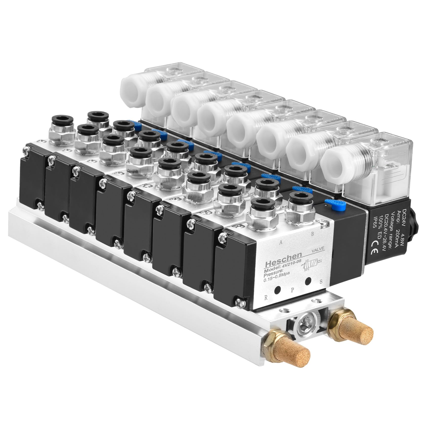 Heschen Válvula solenoide integrada de 8 espacios 4V210-08, DC24V, PT1/4 pulgadas, 5 posiciones 2 posiciones, con silenciador de base, juego de accesorios rápidos