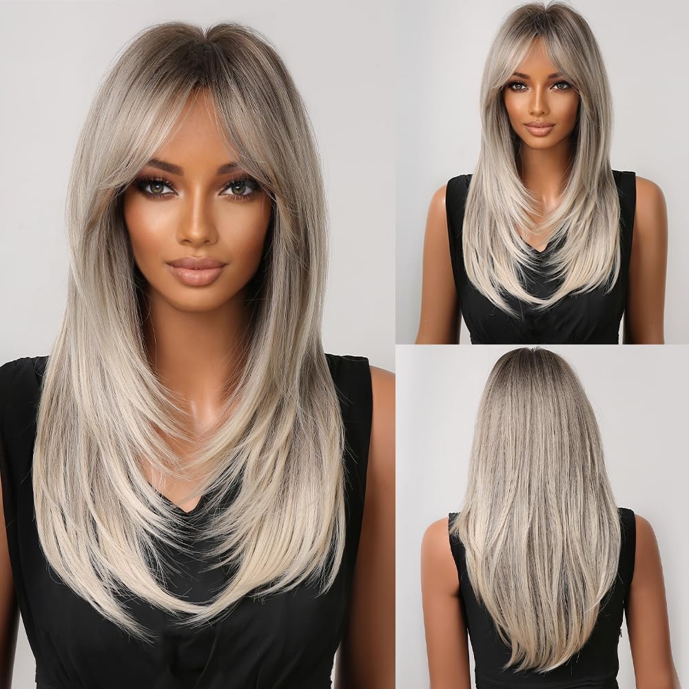 Ombre Gray Real Hair Wigs with Curtain Bangs Long Straight Dark Roots Layered Wigs Human Hair Natural Looking for Daily Use (Ombre Gray,24inch)
