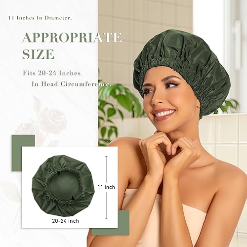 Miniatura 3 de Gorro de ducha reutilizable para mujer, grande, impermeable, lavable, banda elástica, sombrero de baño para cabello largo, trenzas (verde)