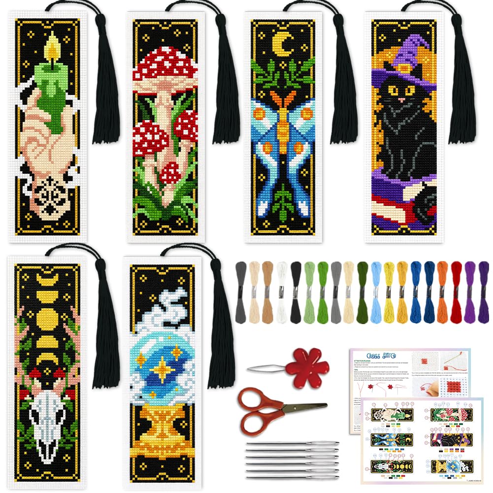 ACRNIGHEET 6PCS Cross Stitch Bookmark Kit for Beginner(Divination)