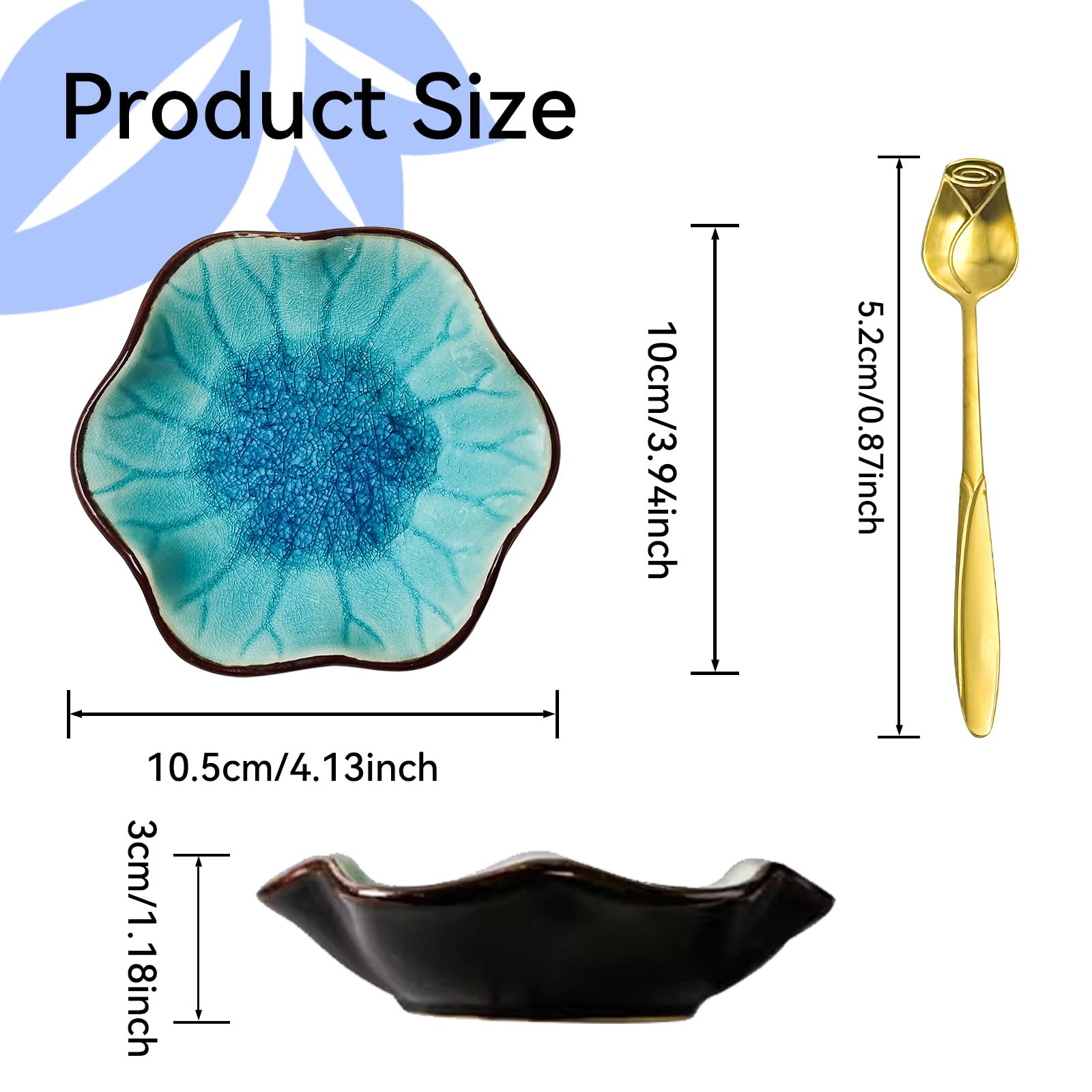 Coffee Spoon Rest, Ice Cracks Flower Small Spoon Holder for Stove Top, Teaspoon Rest for Kitchen Counter, ceramic utensil holder for Coffee Bar Accessories (Ice Cracks Lake Blue with Gold Rose Spoon)