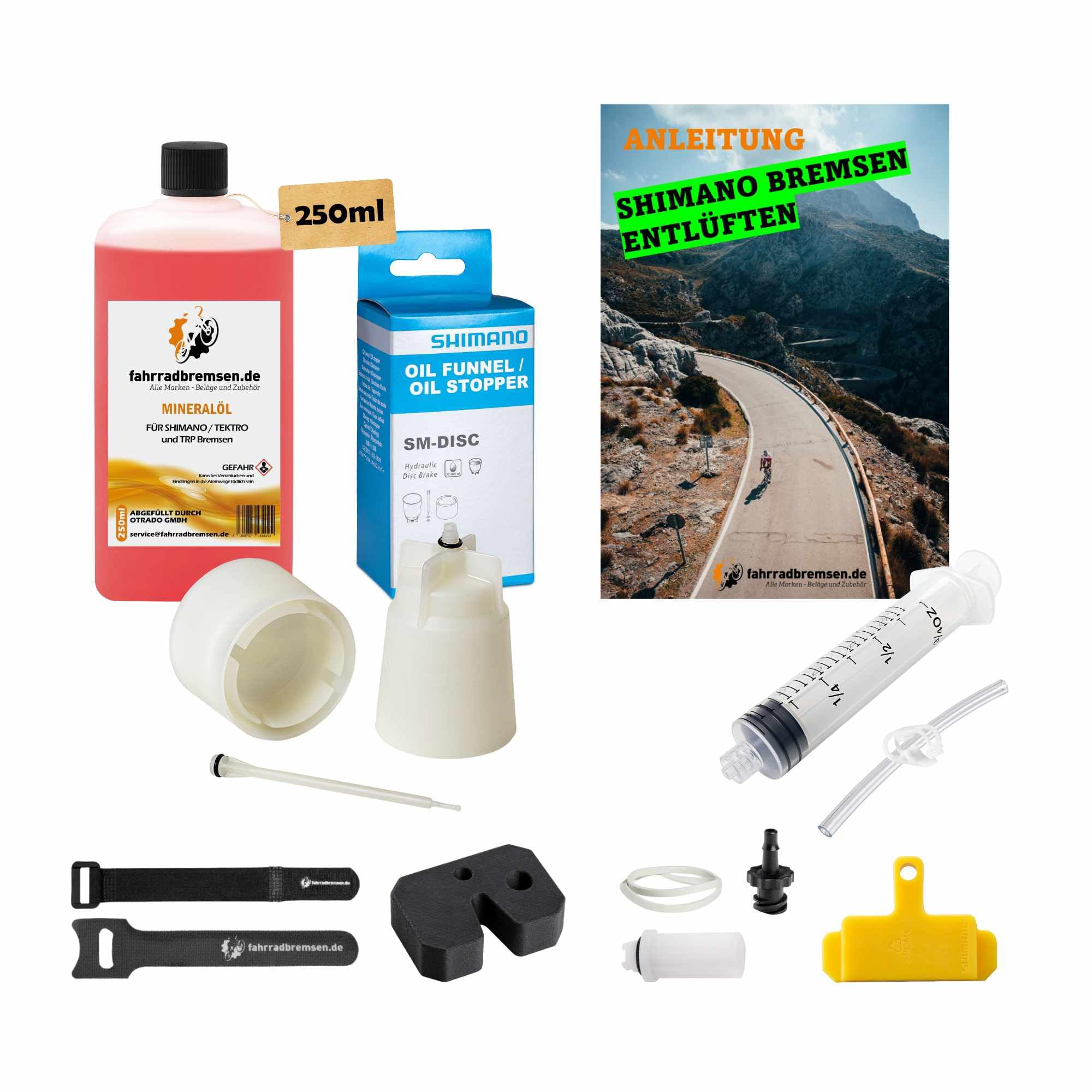 Entlüftungskit XL für alle Shimano Scheibenbremsen inkl. 250ml Bremsflüssigkeit Entlüftungsset für Shimano Deore, Ultegra, Dura-Ace, GRX, SLX, Alivio, Acera, Altus, Tourney, Nexus, Alfine, Metrea uvm