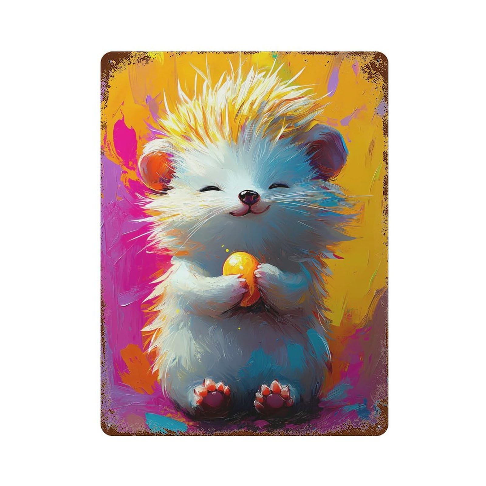 Smiling Hedgehog Painting Decorative Tin Sign 15.7"x11.8", Old School Wall Decor for Garage, Pub Or Kitchen