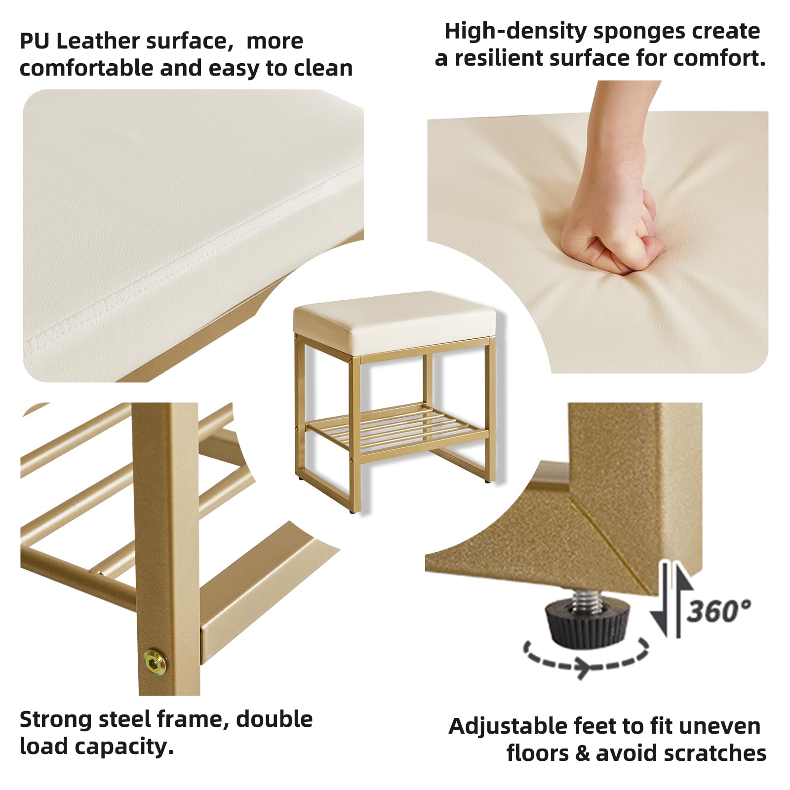 Aibiju Sgabello da Toeletta Quadrato, Sgabello da Toeletta con Piedini Regolabili e Spazio di Archiviazione, Piccolo Sgabello da Trucco per Toeletta, Camera da Letto, Soggiorno, Bianco YD-JD150W