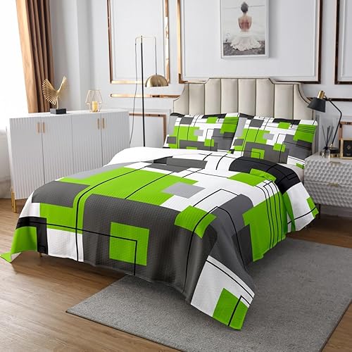 Miniatura 2 de Juego de edredón geométrico verde lima, gris, tamaño Queen, negro, gris, blanco, geométrico, cuadrado, para niños y niñas, juego de colcha abstracta